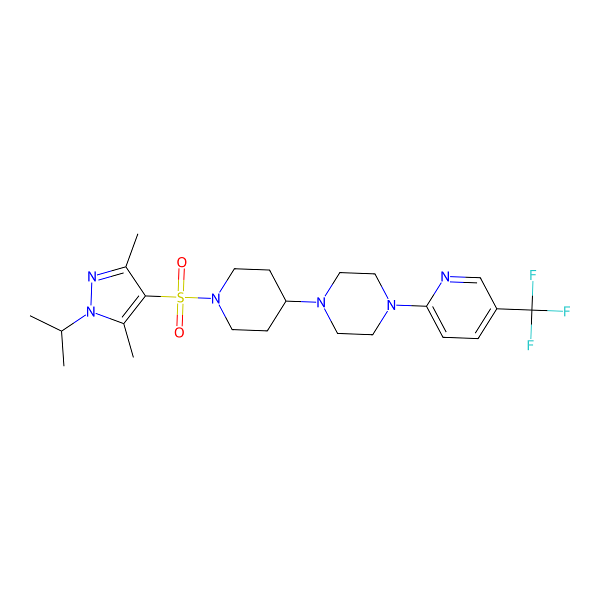 1-(1-{[3,5-dimethyl-1-(propan-2-yl)-1H-pyrazol-4-yl]sulfonyl}piperidin-4-yl)-4-[5-(trifluoromethyl)pyridin-2-yl]piperazine molecular structure, CAS 2097938-13-9