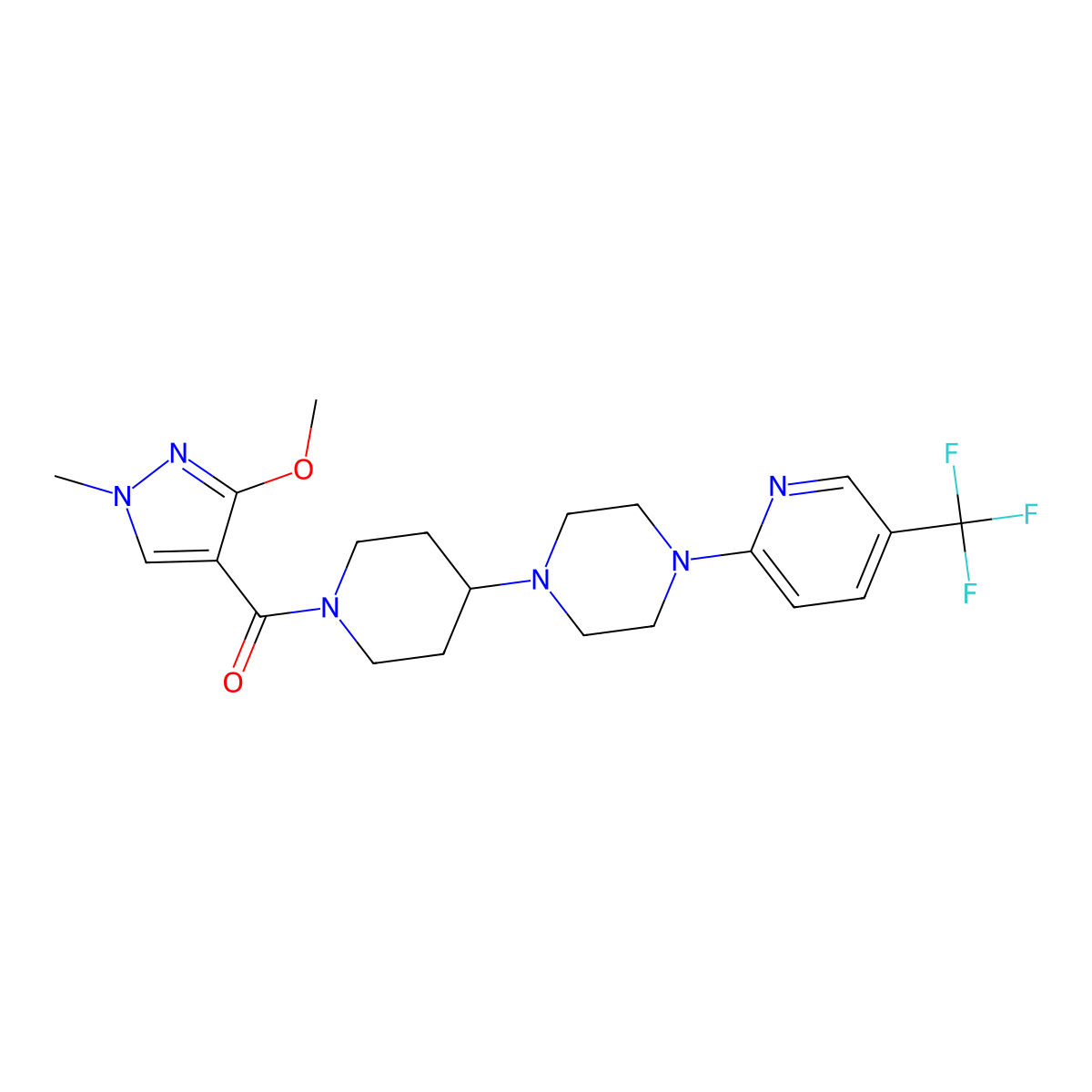 1-[1-(3-methoxy-1-methyl-1H-pyrazole-4-carbonyl)piperidin-4-yl]-4-[5-(trifluoromethyl)pyridin-2-yl]piperazine molecular structure, CAS 2097938-15-1