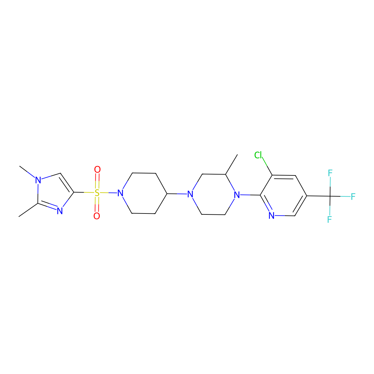 1-[3-chloro-5-(trifluoromethyl)pyridin-2-yl]-4-{1-[(1,2-dimethyl-1H-imidazol-4-yl)sulfonyl]piperidin-4-yl}-2-methylpiperazine molecular structure, CAS 2097938-16-2