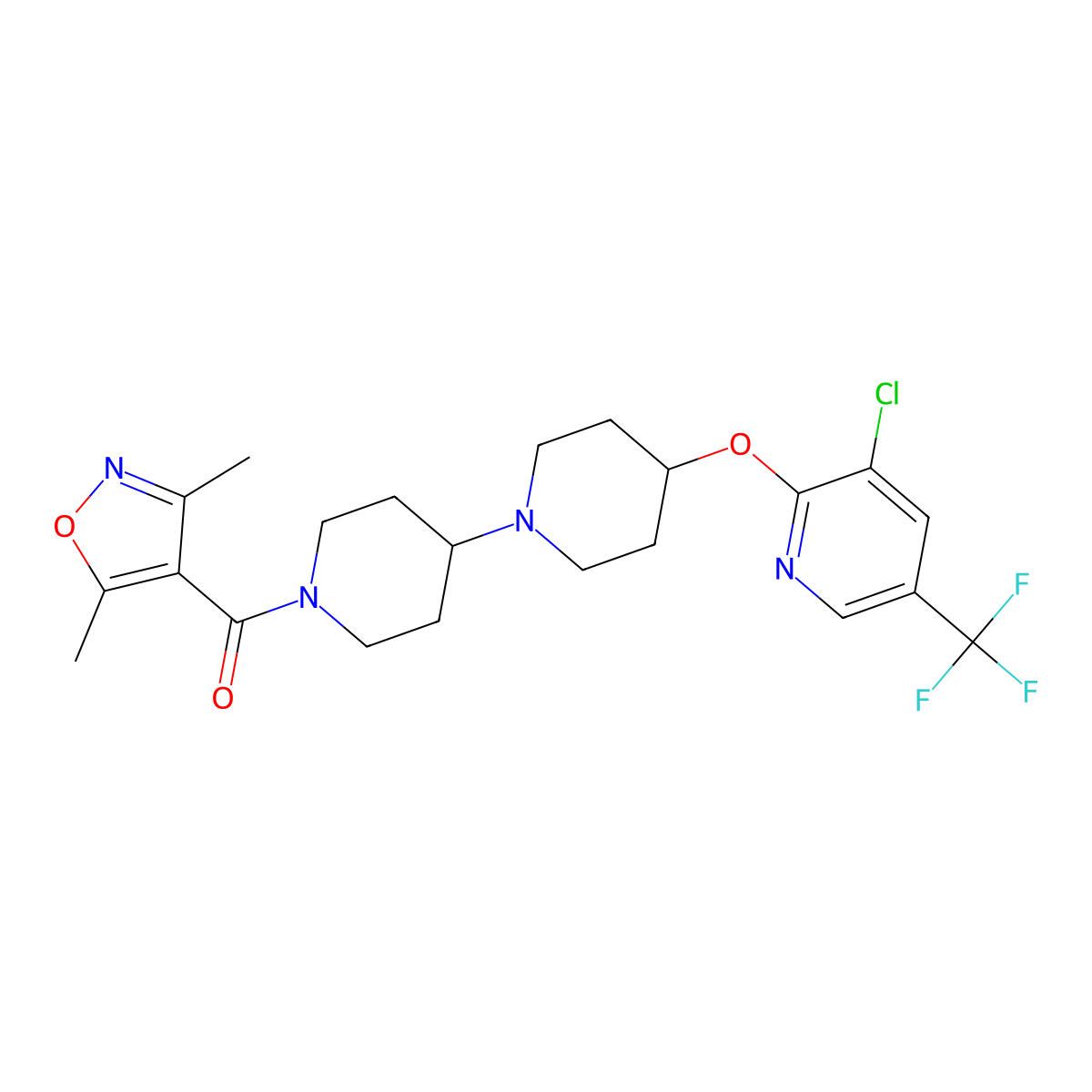 4-{[3-Chloro-5-(trifluoromethyl)pyridin-2-yl]oxy}-1'-(3,5-dimethyl-1,2-oxazole-4-carbonyl)-1,4'-bipiperidine molecular structure, CAS 2097938-18-4