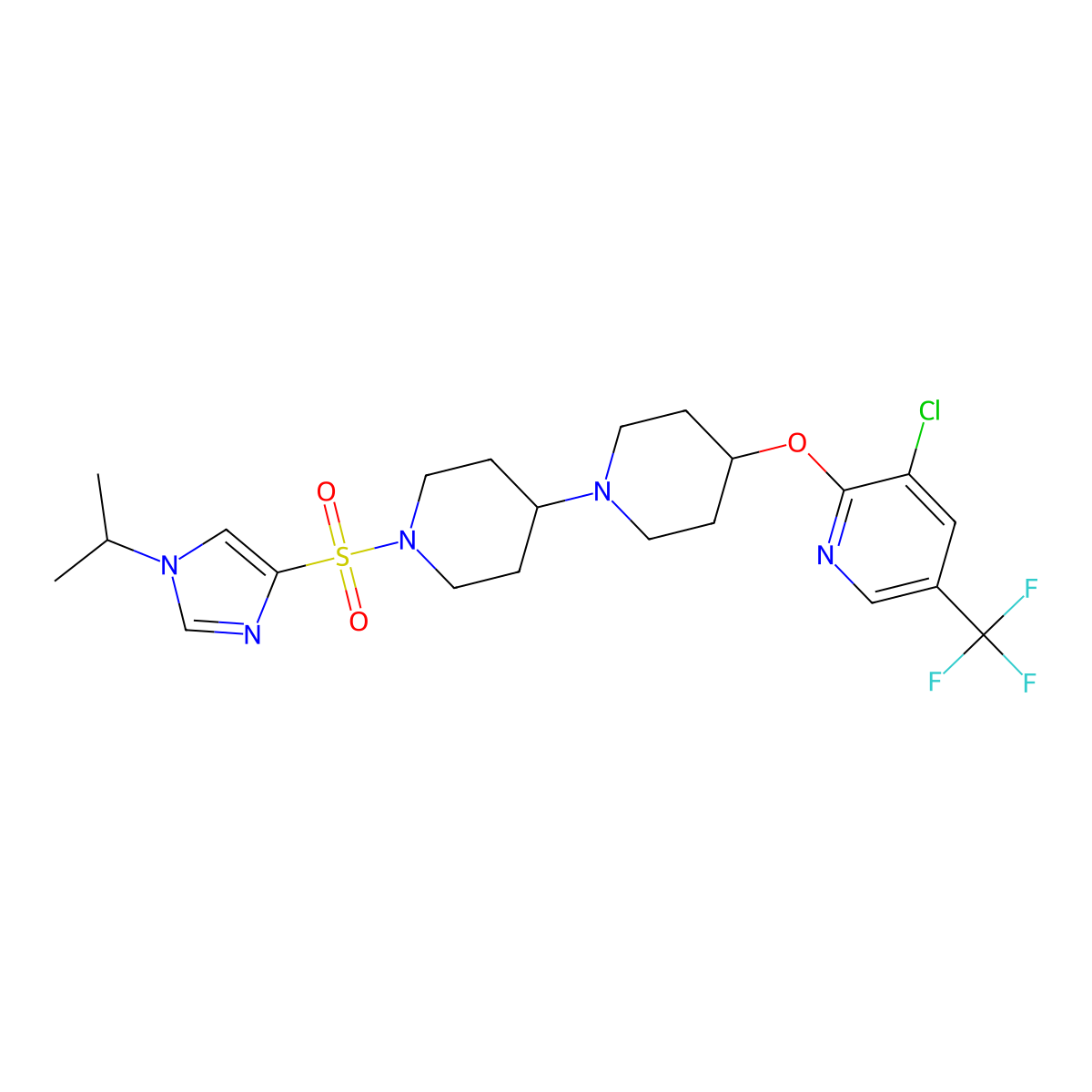 4-{[3-chloro-5-(trifluoromethyl)pyridin-2-yl]oxy}-1'-{[1-(propan-2-yl)-1H-imidazol-4-yl]sulfonyl}-1,4'-bipiperidine molecular structure, CAS 2097938-20-8