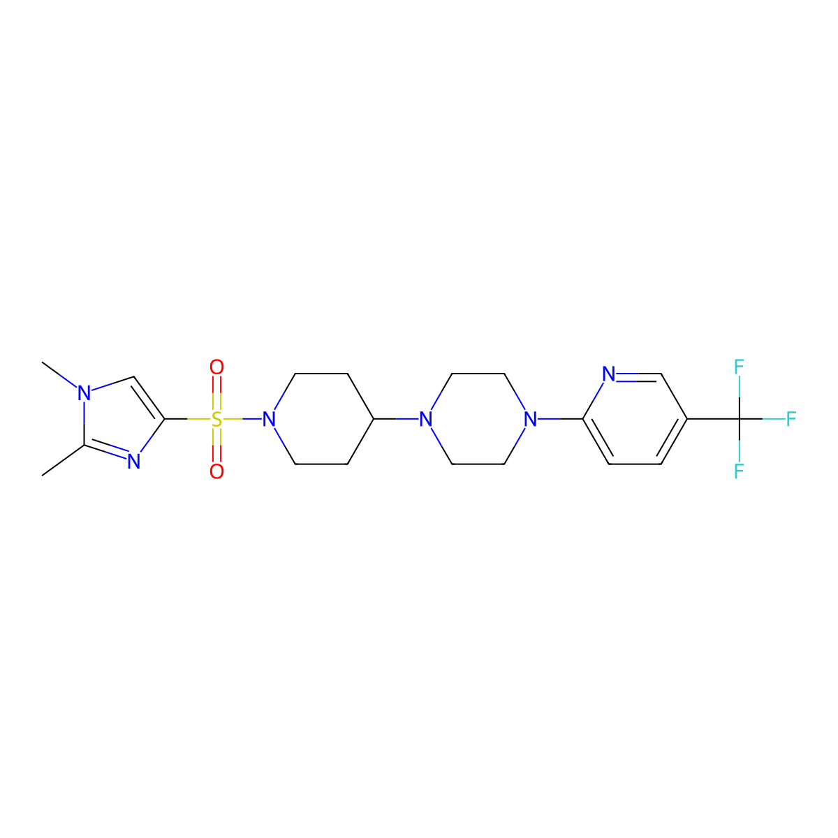 1-{1-[(1,2-dimethyl-1H-imidazol-4-yl)sulfonyl]piperidin-4-yl}-4-[5-(trifluoromethyl)pyridin-2-yl]piperazine molecular structure, CAS 2097938-21-9