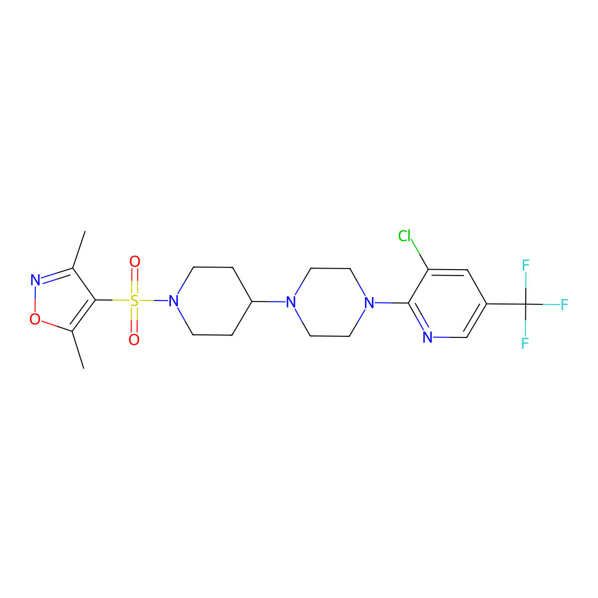 1-[3-Chloro-5-(trifluoromethyl)pyridin-2-yl]-4-{1-[(3,5-dimethyl-1,2-oxazol-4-yl)sulfonyl]piperidin-4-yl}piperazine molecular structure, CAS 2097938-24-2