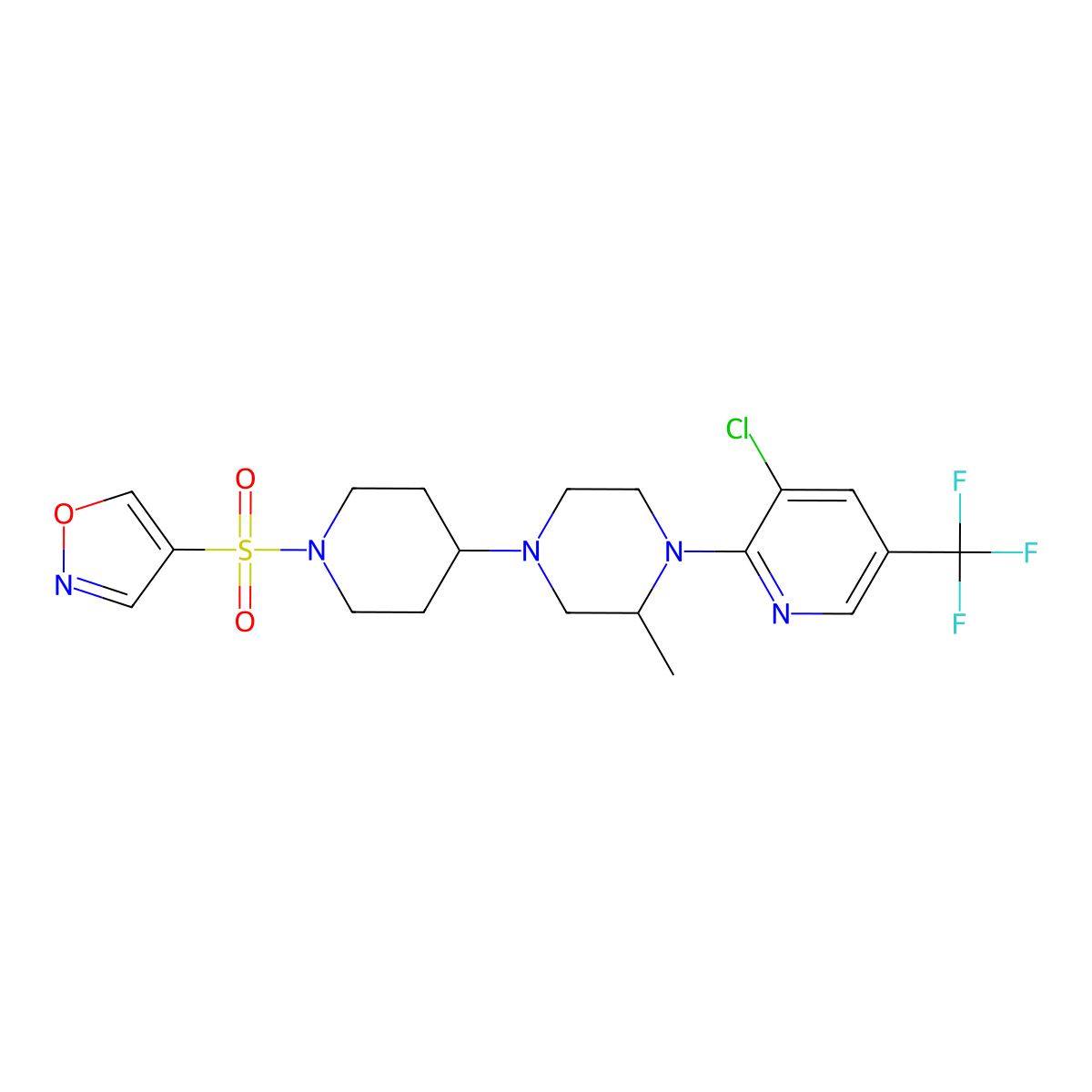 1-[3-Chloro-5-(trifluoromethyl)pyridin-2-yl]-2-methyl-4-[1-(1,2-oxazole-4-sulfonyl)piperidin-4-yl]piperazine molecular structure, CAS 2097938-27-5