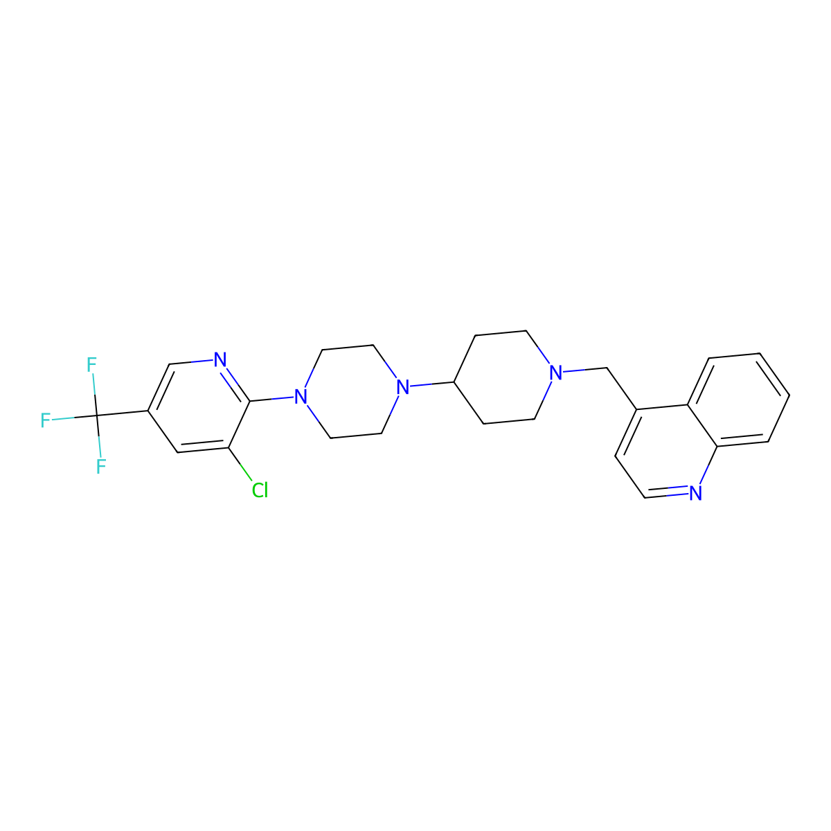 4-[(4-{4-[3-Chloro-5-(trifluoromethyl)pyridin-2-yl]piperazin-1-yl}piperidin-1-yl)methyl]quinoline molecular structure, CAS 2097938-29-7