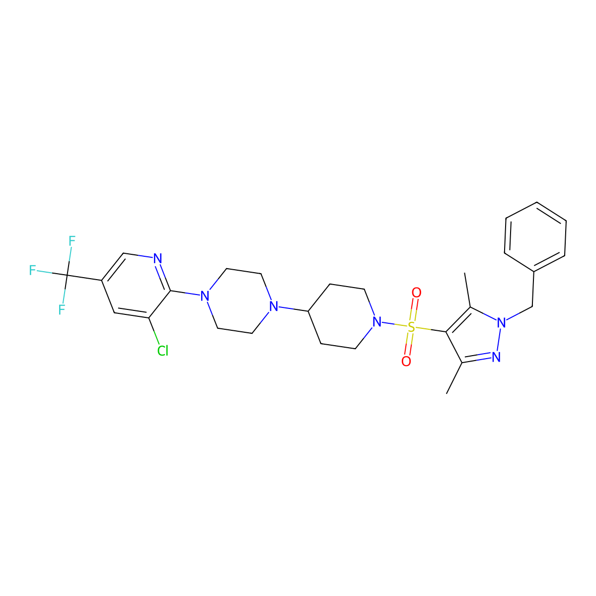 1-{1-[(1-benzyl-3,5-dimethyl-1H-pyrazol-4-yl)sulfonyl]piperidin-4-yl}-4-[3-chloro-5-(trifluoromethyl)pyridin-2-yl]piperazine molecular structure, CAS 2097938-33-3