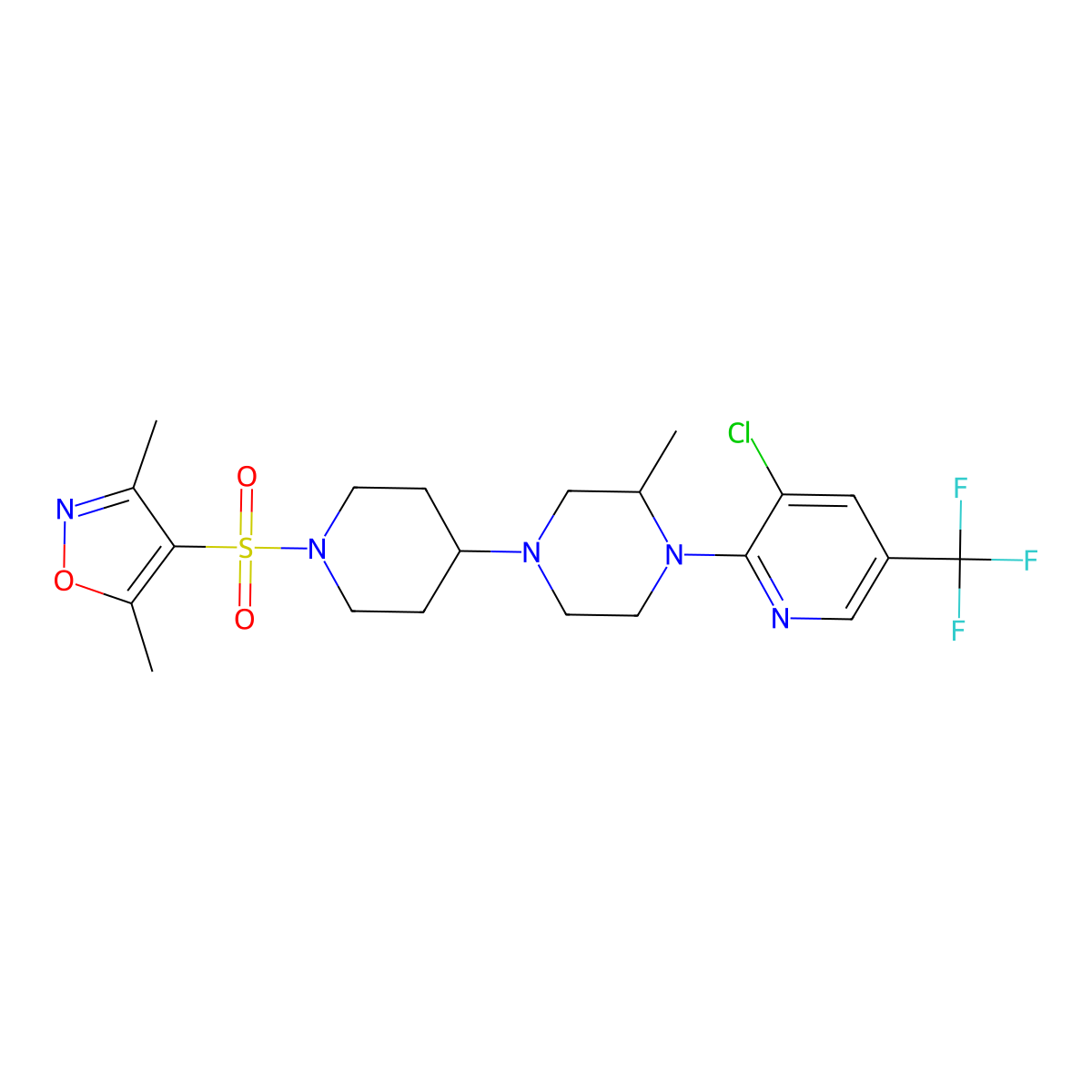 1-[3-Chloro-5-(trifluoromethyl)pyridin-2-yl]-4-{1-[(3,5-dimethyl-1,2-oxazol-4-yl)sulfonyl]piperidin-4-yl}-2-methylpiperazine molecular structure, CAS 2097938-36-6