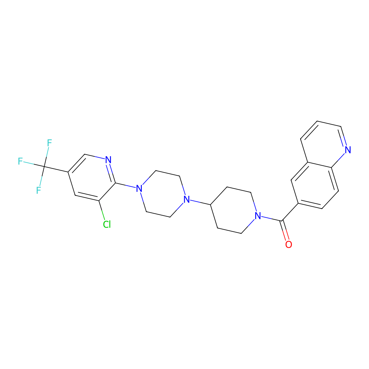 6-(4-{4-[3-Chloro-5-(trifluoromethyl)pyridin-2-yl]piperazin-1-yl}piperidine-1-carbonyl)quinoline molecular structure, CAS 2097938-38-8