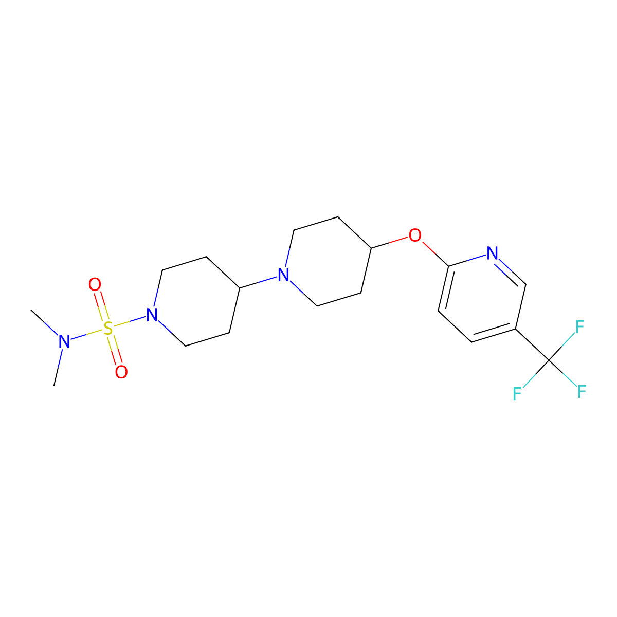 N,N-dimethyl-4-{[5-(trifluoromethyl)pyridin-2-yl]oxy}-[1,4'-bipiperidine]-1'-sulfonamide molecular structure, CAS 2097938-39-9
