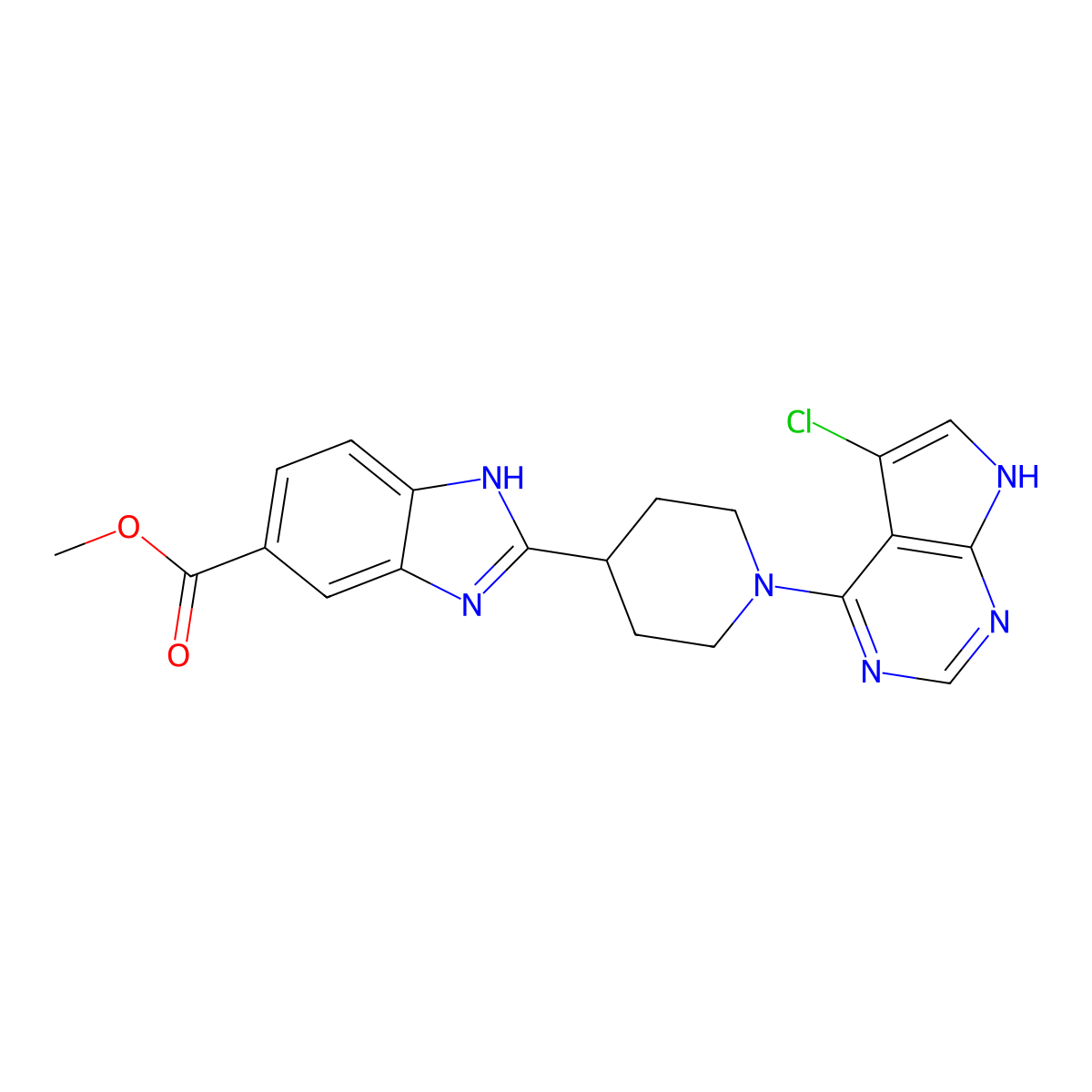 1H-Benzimidazole-6-carboxylic acid, 2-[1-(5-chloro-7H-pyrrolo[2,3-d]pyrimidin-4-yl)-4-piperidinyl]-, methyl ester molecular structure, CAS 2097938-51-5