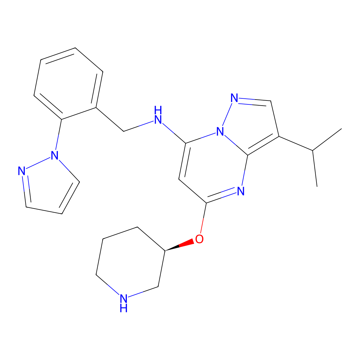 5-[(3R)-piperidin-3-yloxy]-3-(propan-2-yl)-N-{[2-(1H-pyrazol-1-yl)phenyl]methyl}pyrazolo[1,5-a]pyrimidin-7-amine molecular structure, CAS 2097943-09-2