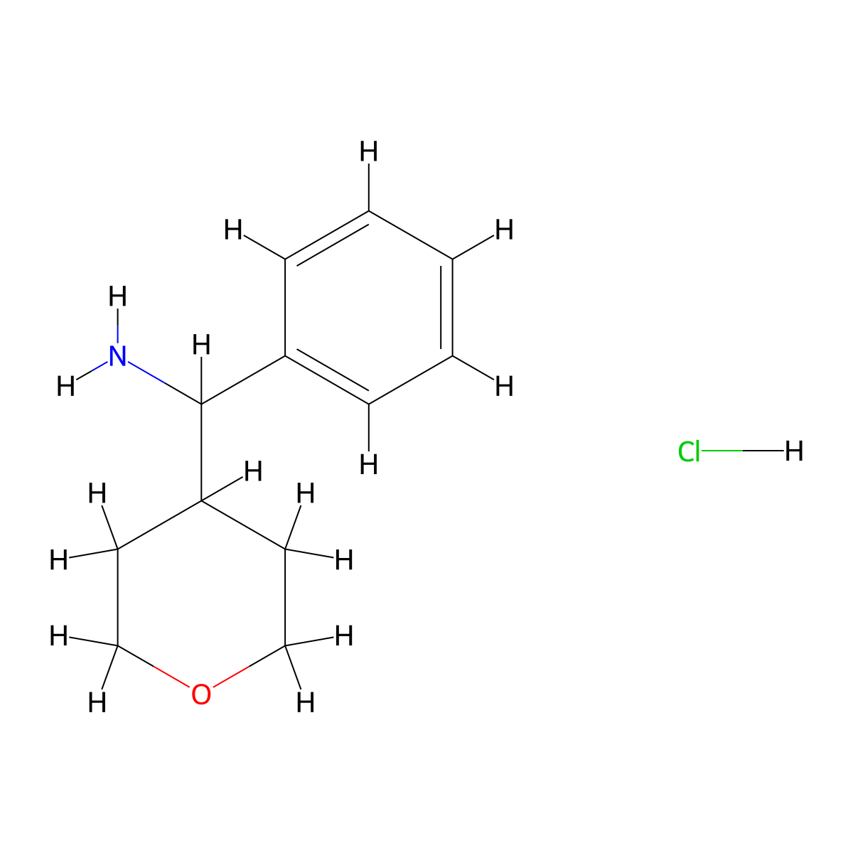phenyl(tetrahydro-2H-pyran-4-yl)methanamine hydrochloride molecular structure, CAS 2097949-87-4