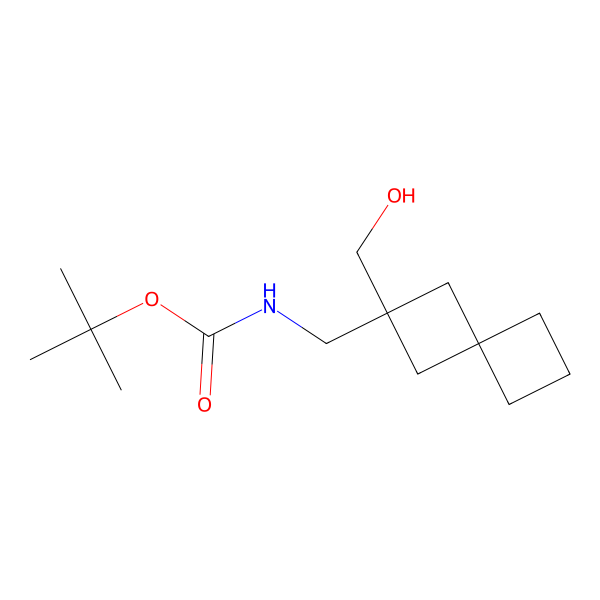 tert-butyl N-((2-(hydroxymethyl)spiro(3.3)heptan-2-yl)methyl)carbamate molecular structure, CAS 2097963-98-7