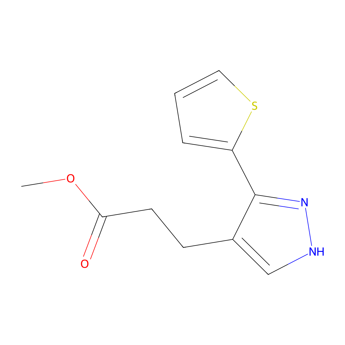 methyl 3-(3-(thiophen-2-yl)-1H-pyrazol-4-yl)propanoate molecular structure, CAS 2097965-33-6