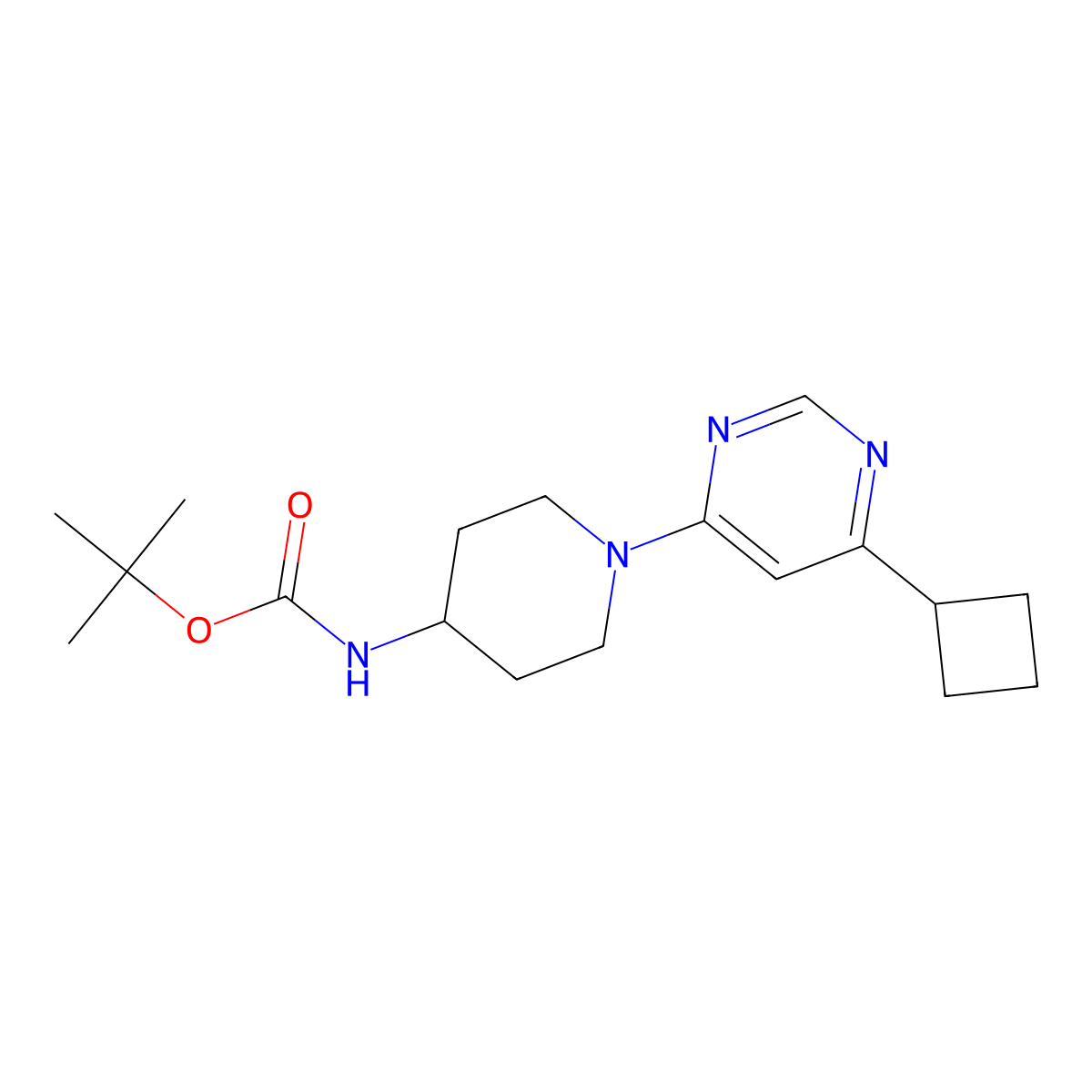 tert-butyl N-[1-(6-cyclobutylpyrimidin-4-yl)piperidin-4-yl]carbamate molecular structure, CAS 2097975-69-2
