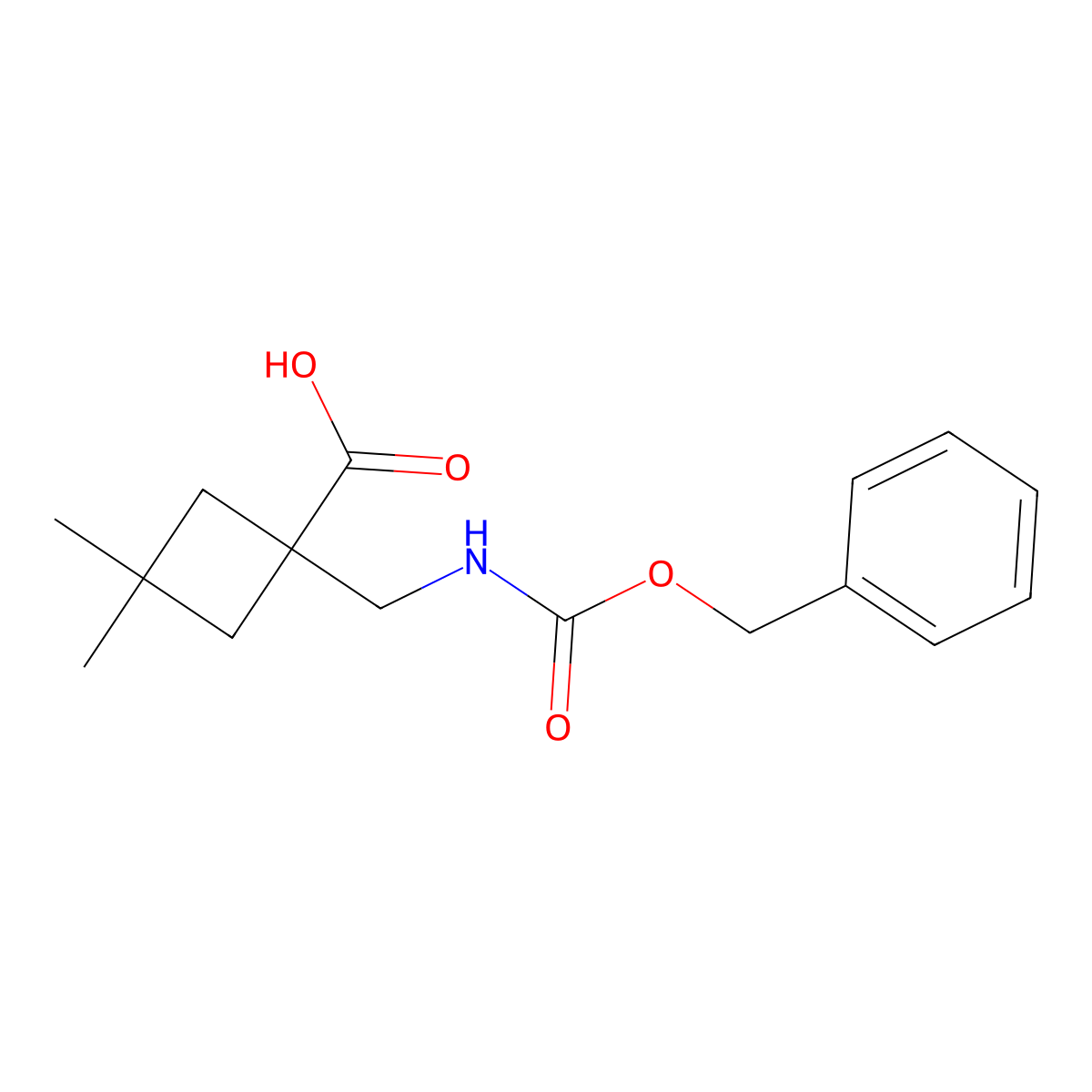 1-((((Benzyloxy)carbonyl)amino)methyl)-3,3-dimethylcyclobutane-1-carboxylic acid molecular structure, CAS 2097977-60-9