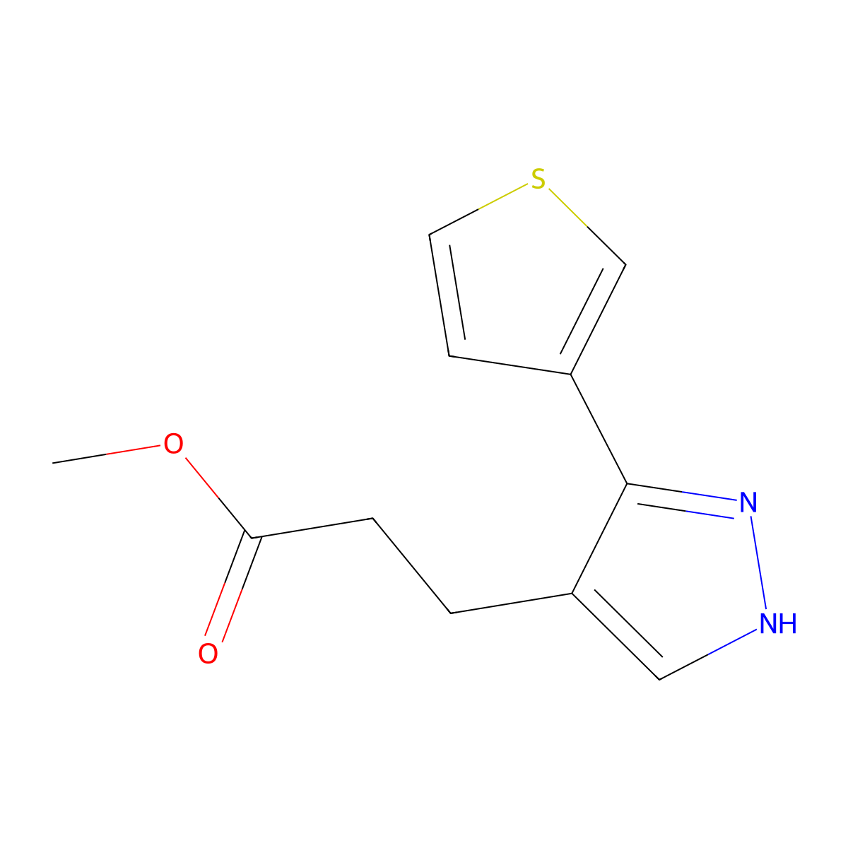 methyl 3-(3-(thiophen-3-yl)-1H-pyrazol-4-yl)propanoate molecular structure, CAS 2098006-28-9