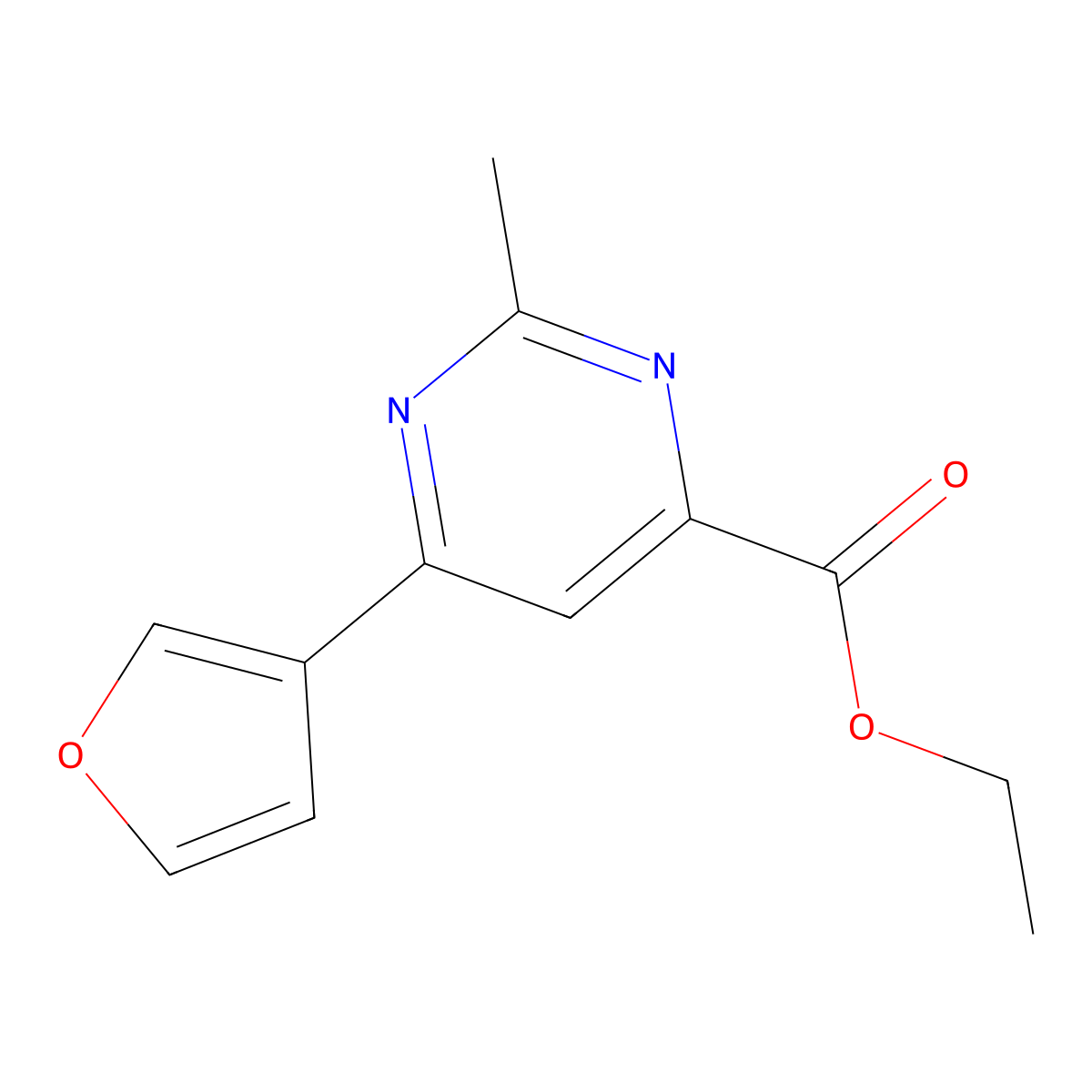 Ethyl 6-(furan-3-yl)-2-methylpyrimidine-4-carboxylate molecular structure, CAS 2098007-48-6