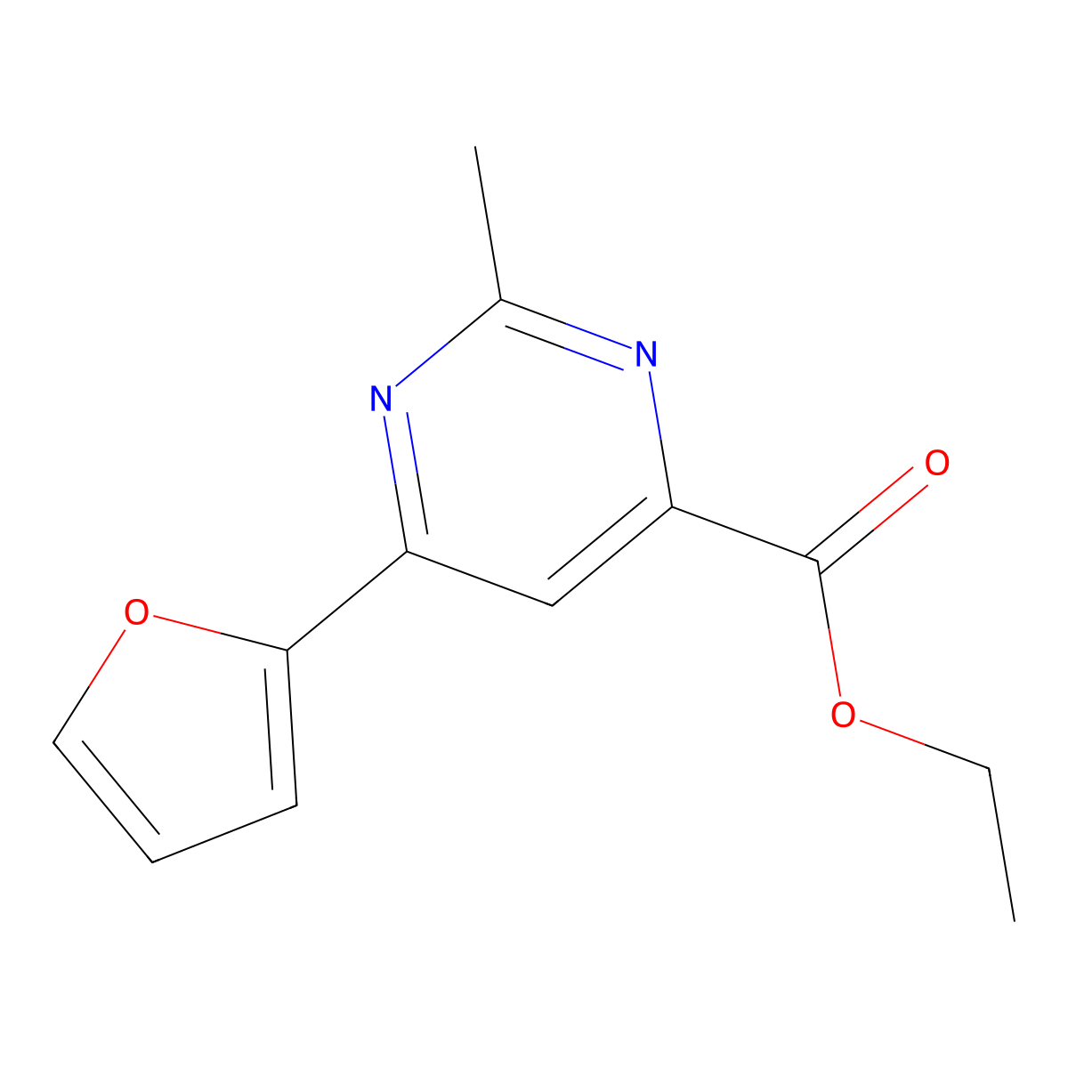 Ethyl 6-(furan-2-yl)-2-methylpyrimidine-4-carboxylate molecular structure, CAS 2098007-53-3