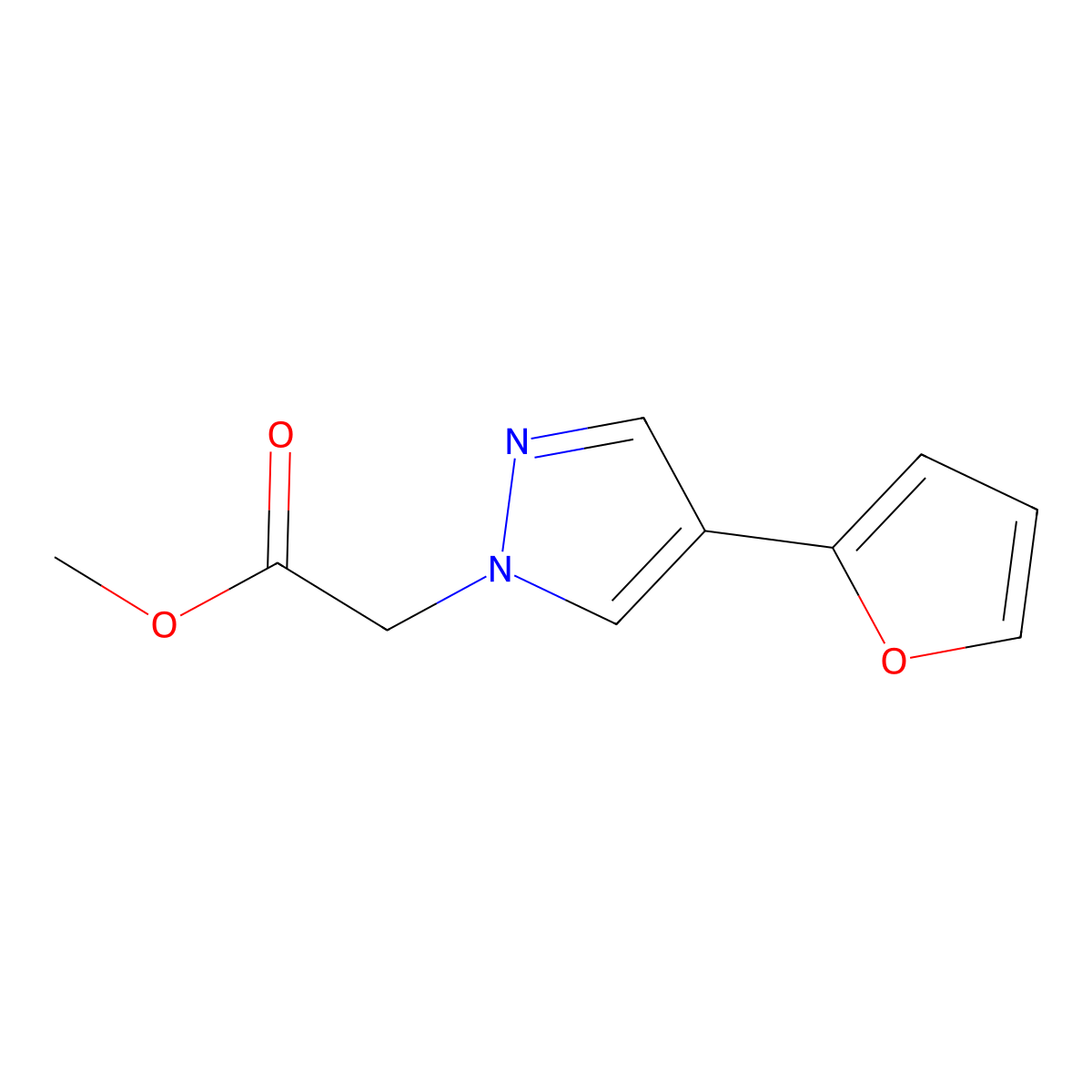 methyl 2-(4-(furan-2-yl)-1H-pyrazol-1-yl)acetate molecular structure, CAS 2098019-12-4