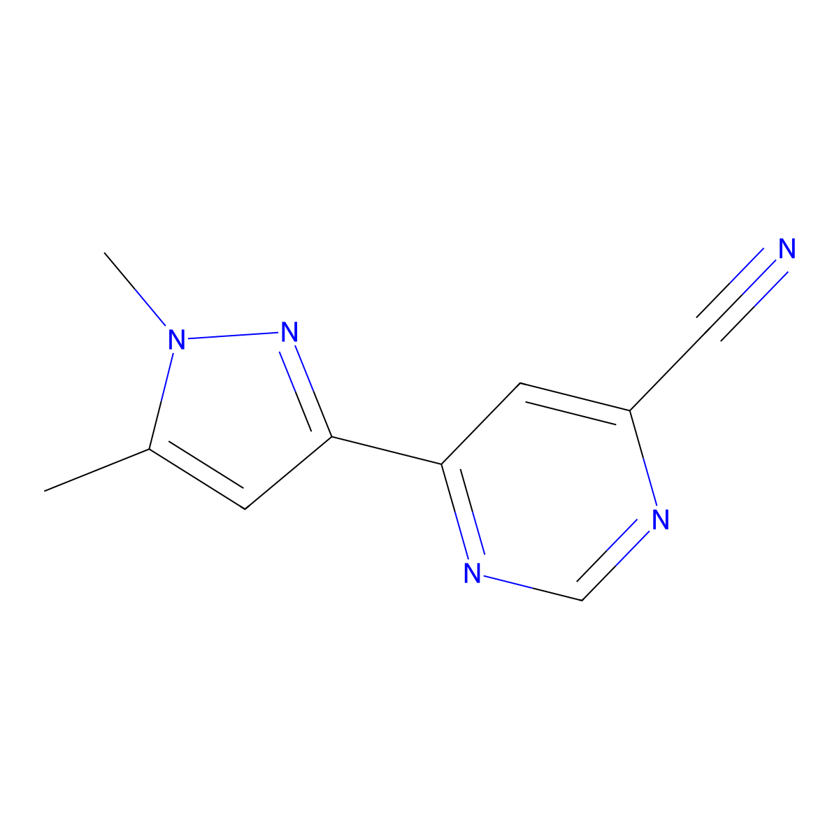 6-(1,5-dimethyl-1H-pyrazol-3-yl)pyrimidine-4-carbonitrile molecular structure, CAS 2098032-33-6