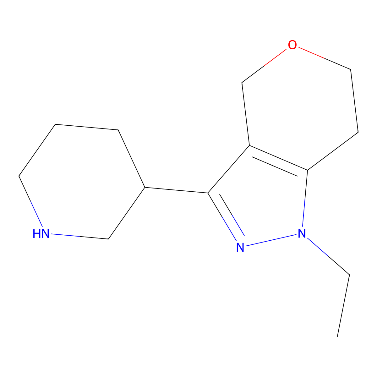 1-Ethyl-3-(piperidin-3-yl)-1,4,6,7-tetrahydropyrano[4,3-c]pyrazole molecular structure, CAS 2098051-27-3
