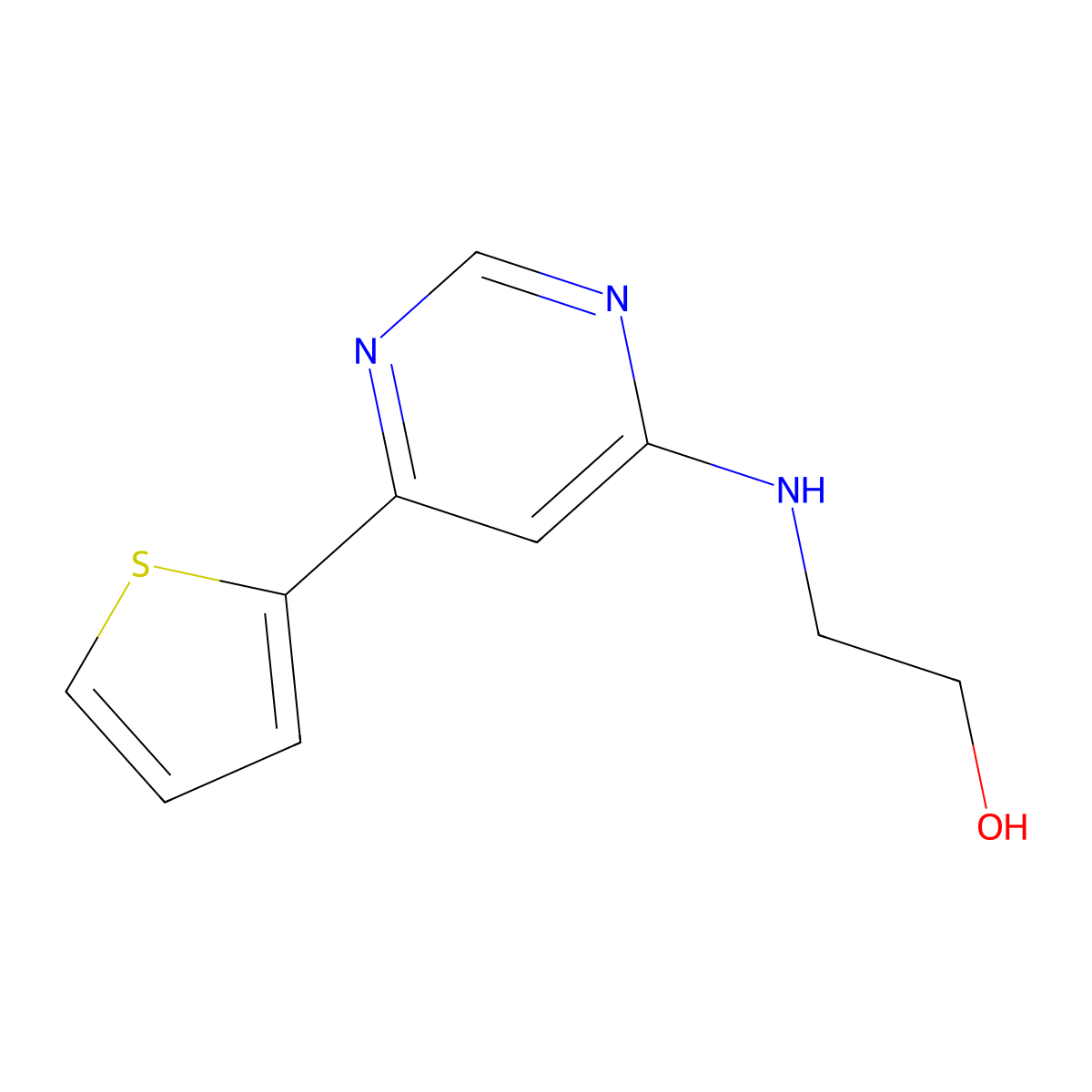 2-{[6-(Thiophen-2-yl)pyrimidin-4-yl]amino}ethan-1-ol molecular structure, CAS 2098058-23-0