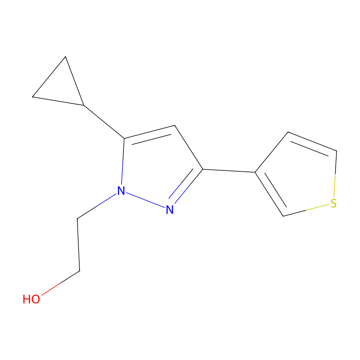 2-(5-cyclopropyl-3-(thiophen-3-yl)-1H-pyrazol-1-yl)ethan-1-ol molecular structure, CAS 2098070-98-3