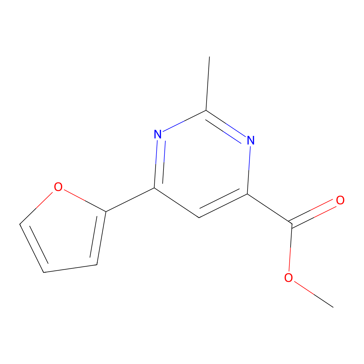 Methyl 6-(furan-2-yl)-2-methylpyrimidine-4-carboxylate molecular structure, CAS 2098076-44-7