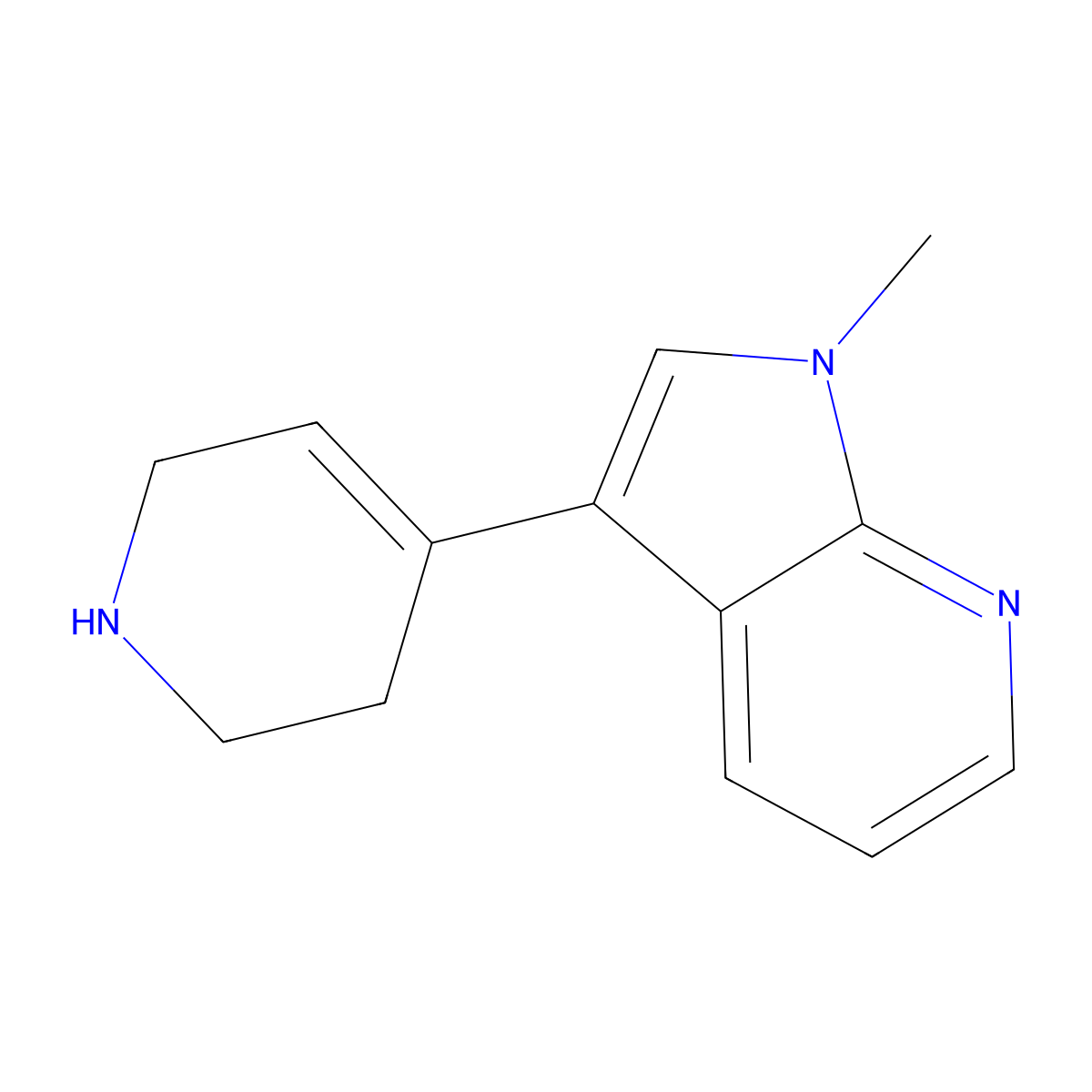 1-methyl-3-(1,2,3,6-tetrahydropyridin-4-yl)-1H-pyrrolo[2,3-b]pyridine molecular structure, CAS 2098081-35-5