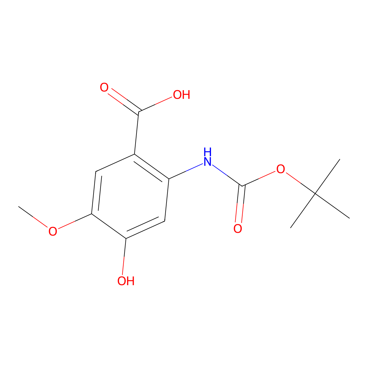 2-((Tert-butoxycarbonyl)amino)-4-hydroxy-5-methoxybenzoic acid molecular structure, CAS 2098082-77-8