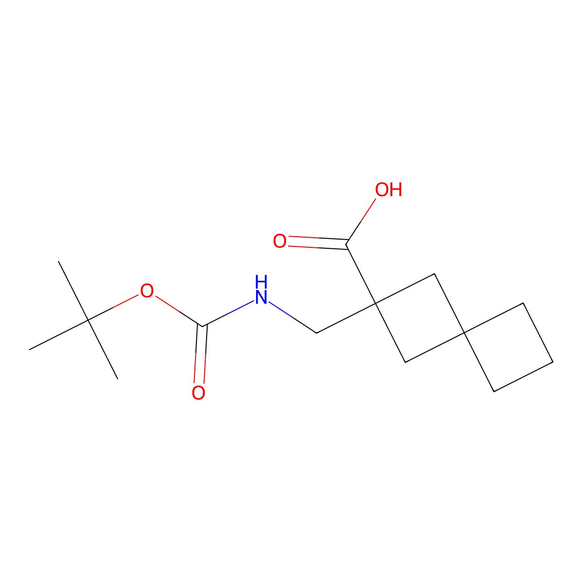 2-(((Tert-butoxycarbonyl)amino)methyl)spiro[3.3]heptane-2-carboxylic acid molecular structure, CAS 2098119-97-0