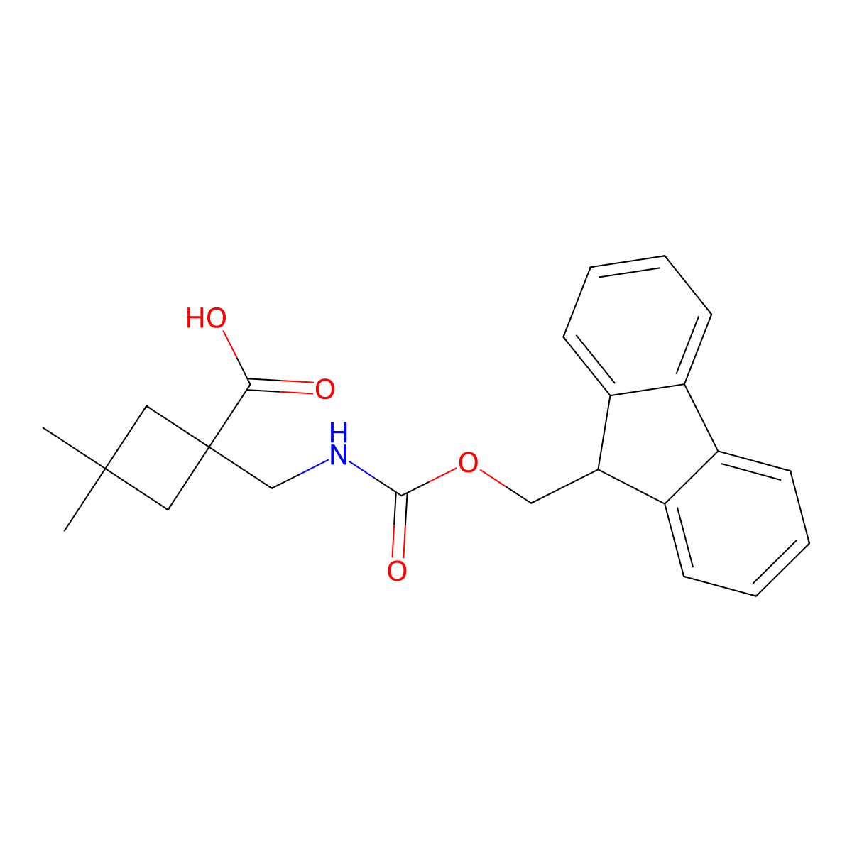 1-(((((9H-fluoren-9-yl)methoxy)carbonyl)amino)methyl)-3,3-dimethylcyclobutane-1-carboxylic acid molecular structure, CAS 2098128-77-7