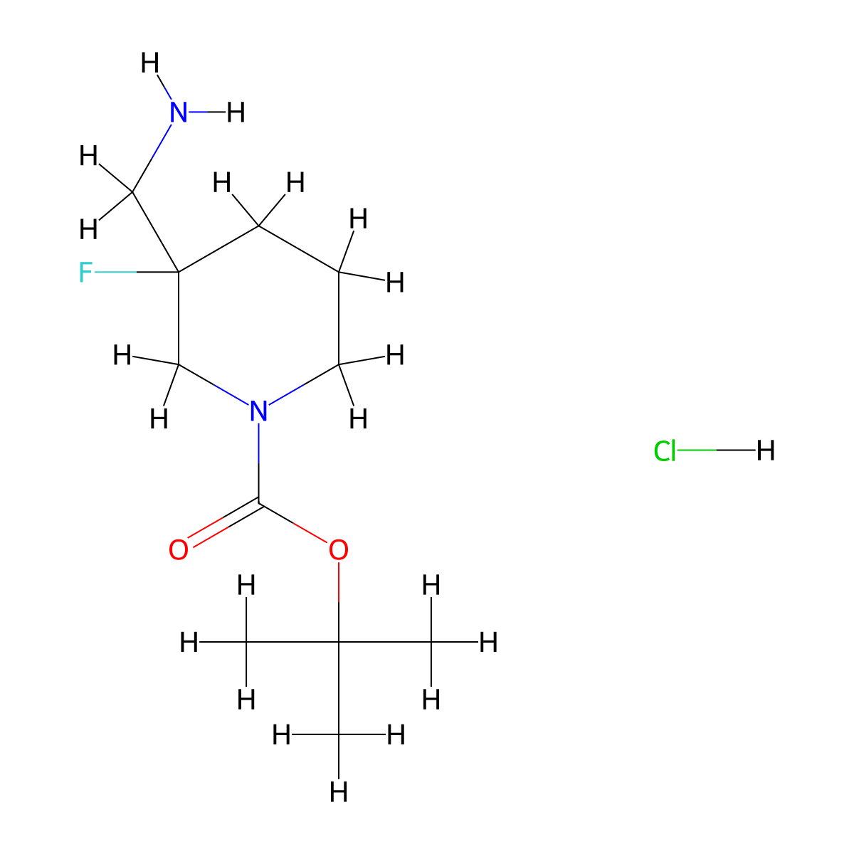 Tert-butyl 3-(aminomethyl)-3-fluoropiperidine-1-carboxylate hydrochloride molecular structure, CAS 2098129-20-3