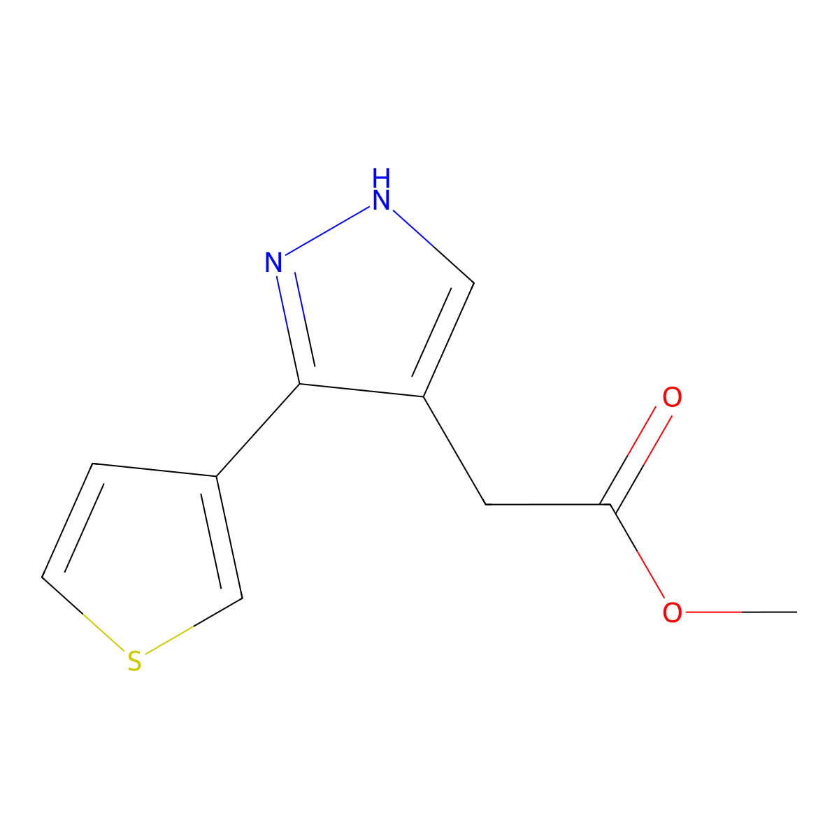 methyl 2-(3-(thiophen-3-yl)-1H-pyrazol-4-yl)acetate molecular structure, CAS 2098138-30-6