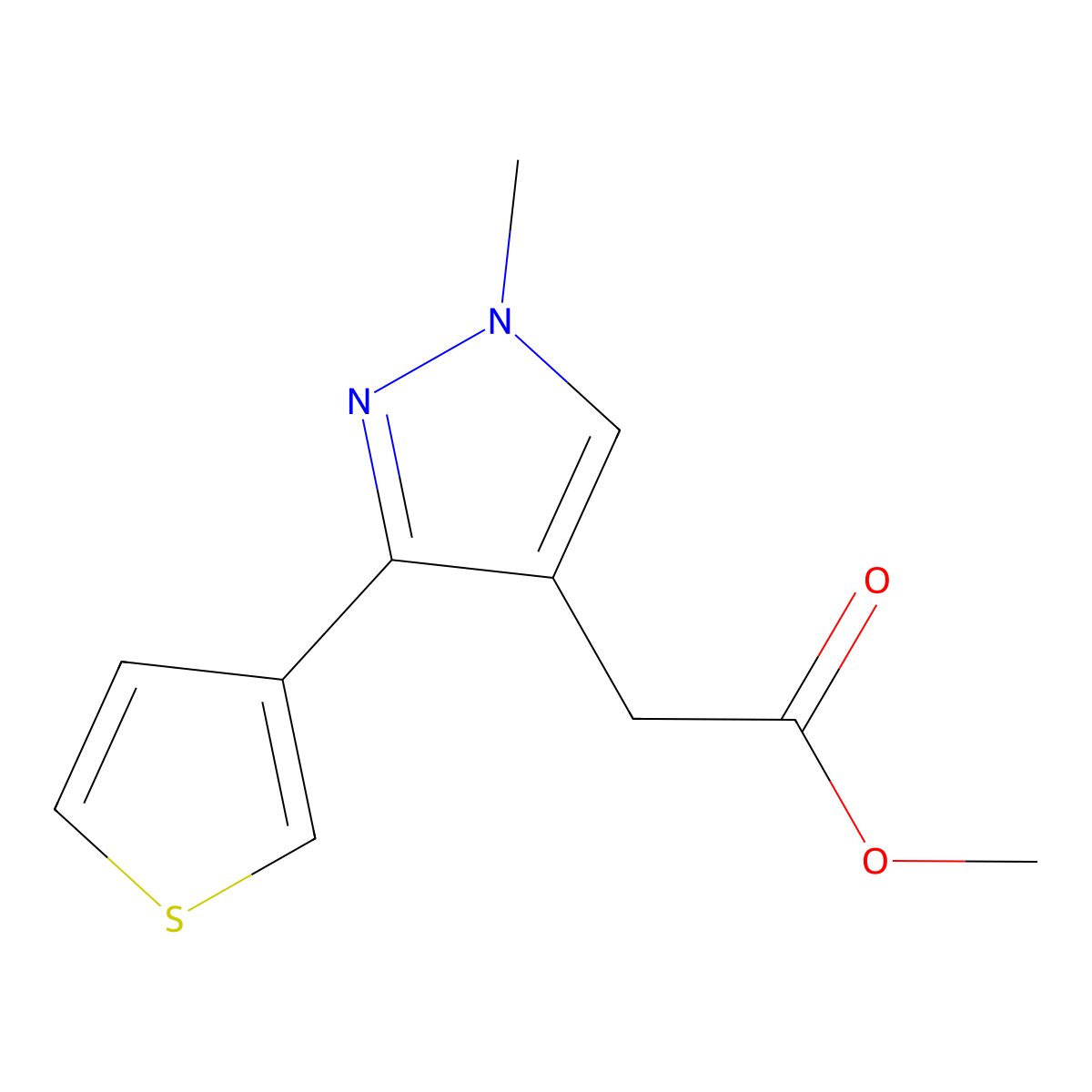 methyl 2-(1-methyl-3-(thiophen-3-yl)-1H-pyrazol-4-yl)acetate molecular structure, CAS 2098139-55-8