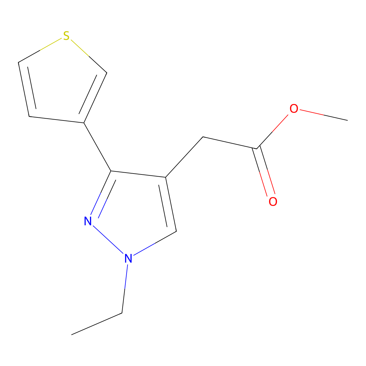 methyl 2-(1-ethyl-3-(thiophen-3-yl)-1H-pyrazol-4-yl)acetate molecular structure, CAS 2098139-57-0
