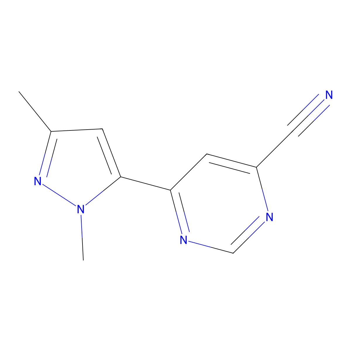 6-(1,3-dimethyl-1H-pyrazol-5-yl)pyrimidine-4-carbonitrile molecular structure, CAS 2098141-20-7