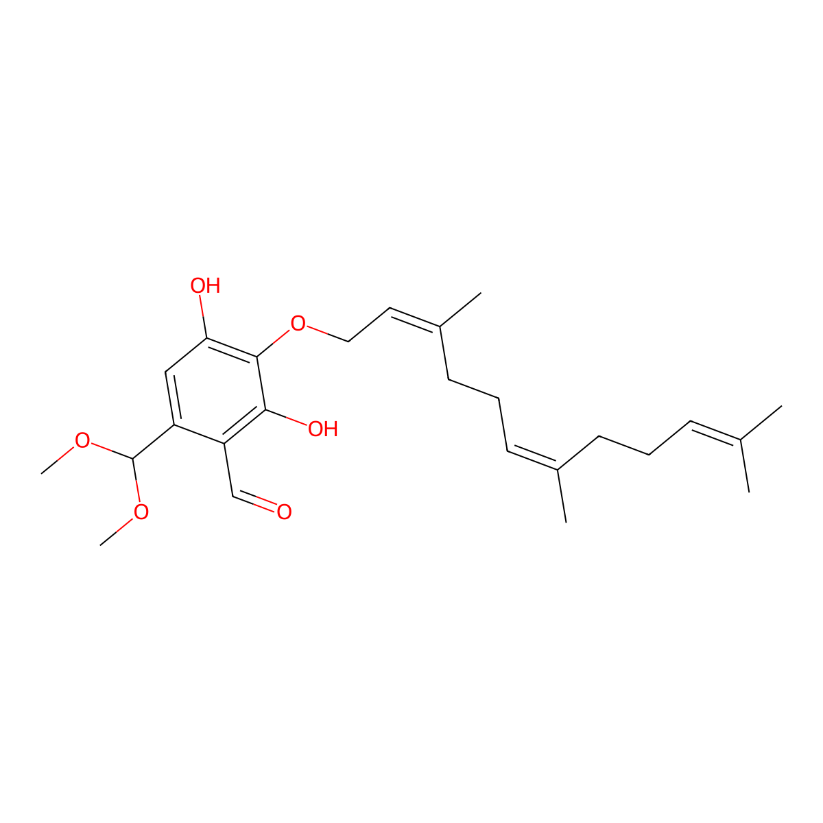 6-(Dimethoxymethyl)-2,4-dihydroxy-3-((3,7,11-trimethyldodeca-2,6,10-trien-1-yl)oxy)benzaldehyde molecular structure, CAS 2098356-29-5