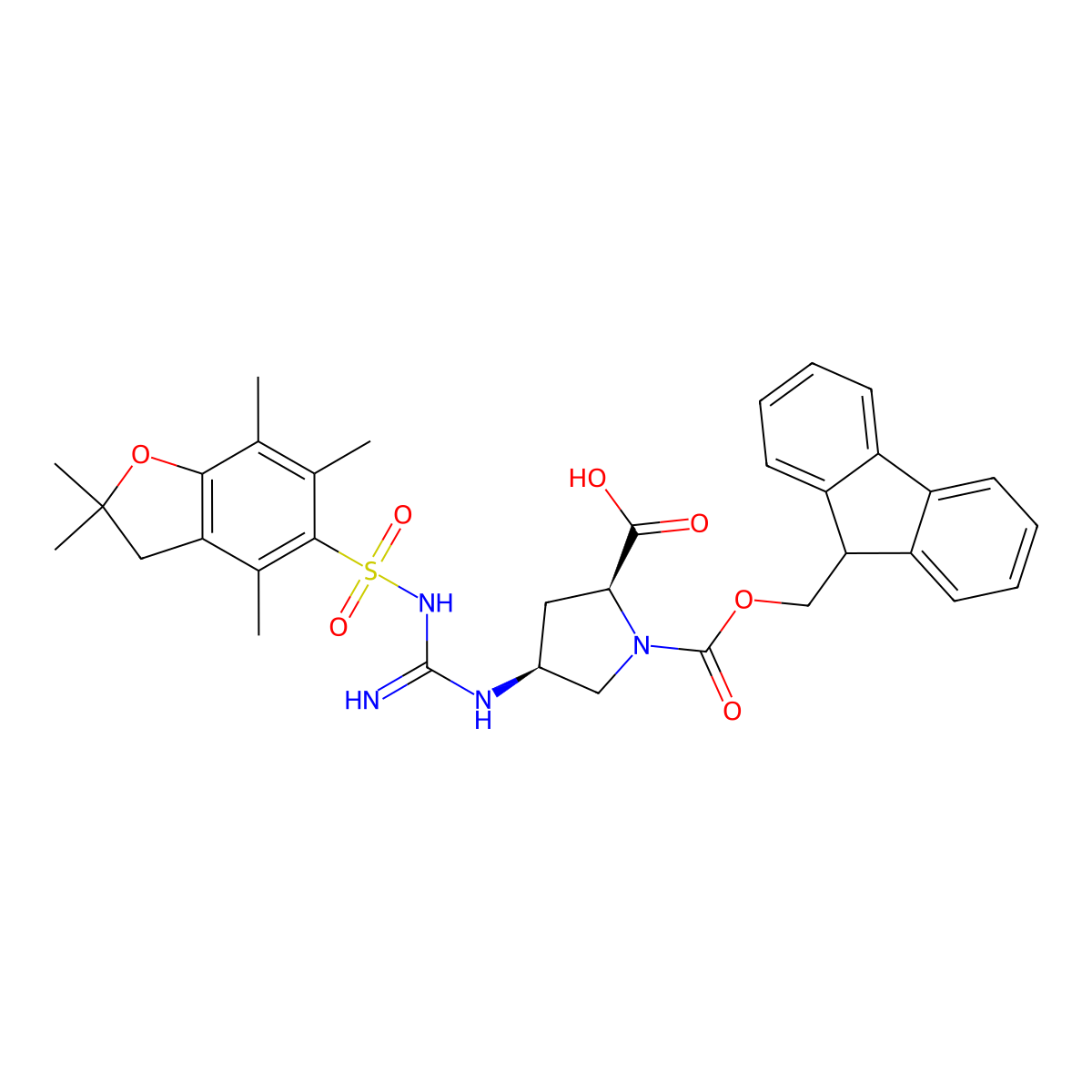 (2S, 4S)-Fmoc-4-(n'-pbf-guanidino)-pyrrolidine-2-carboxylic acid molecular structure, CAS 2098497-04-0