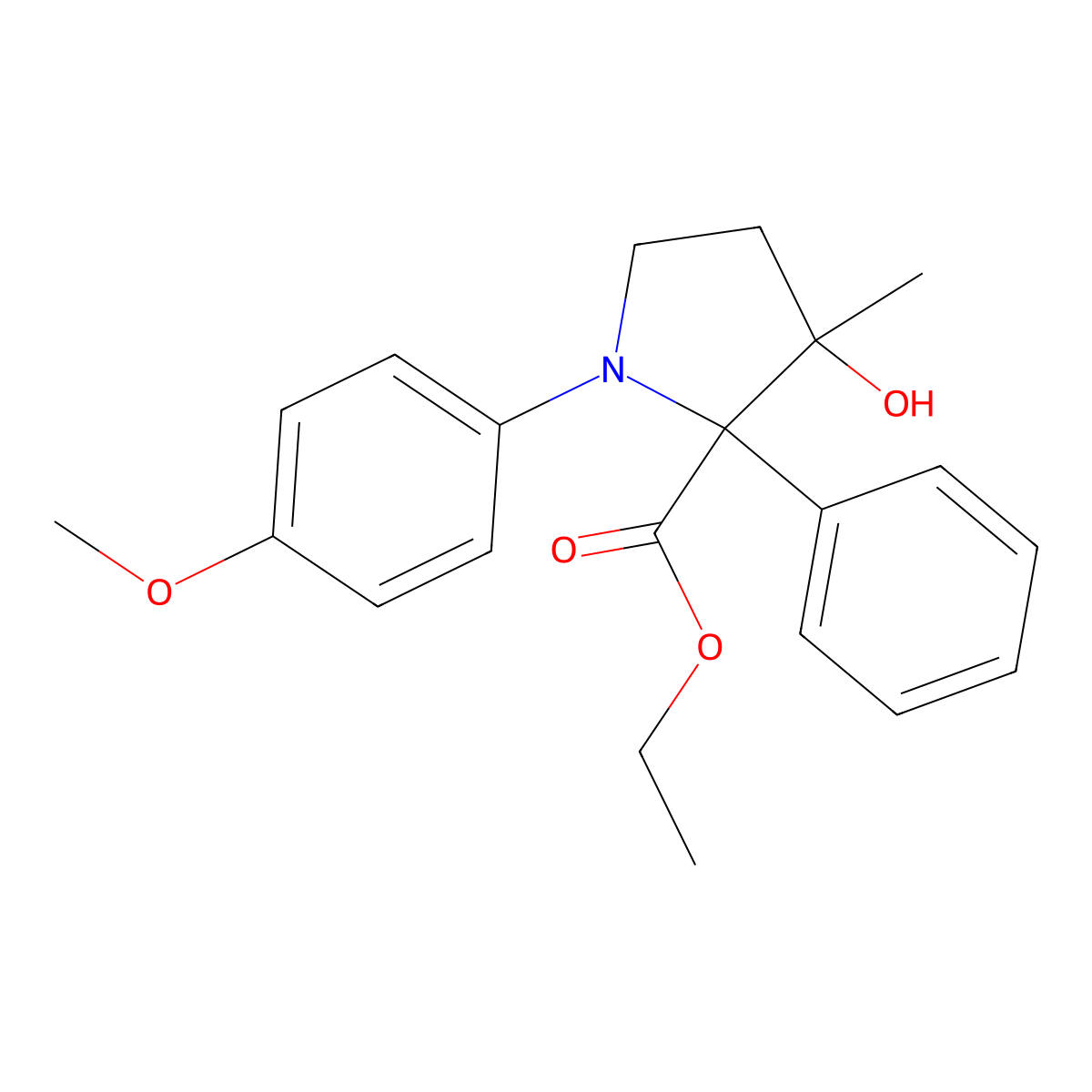 Ethyl 3-hydroxy-1-(4-methoxyphenyl)-3-methyl-2-phenylpyrrolidine-2-carboxylate molecular structure, CAS 2098497-05-1