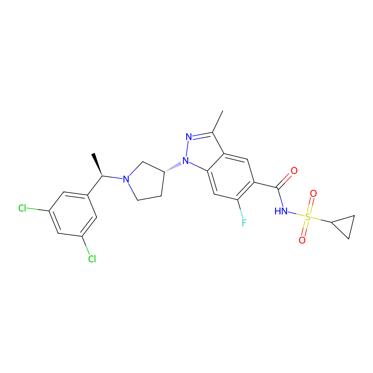 N-cyclopropylsulfonyl-1-[(3R)-1-[(1R)-1-(3,5-dichlorophenyl)ethyl]pyrrolidin-3-yl]-6-fluoro-3-methylindazole-5-carboxamide molecular structure, CAS 2098540-08-8