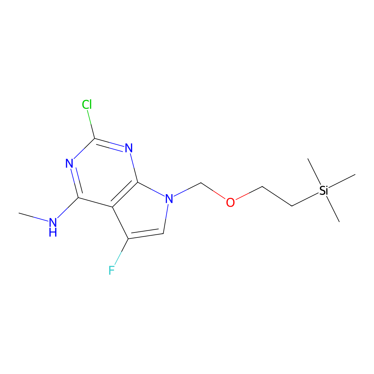 2-chloro-5-fluoro-N-methyl-7-((2-(trimethylsilyl)ethoxy)methyl)-7H-pyrrolo[2,3-d]pyrimidin-4-amine molecular structure, CAS 2098582-95-5