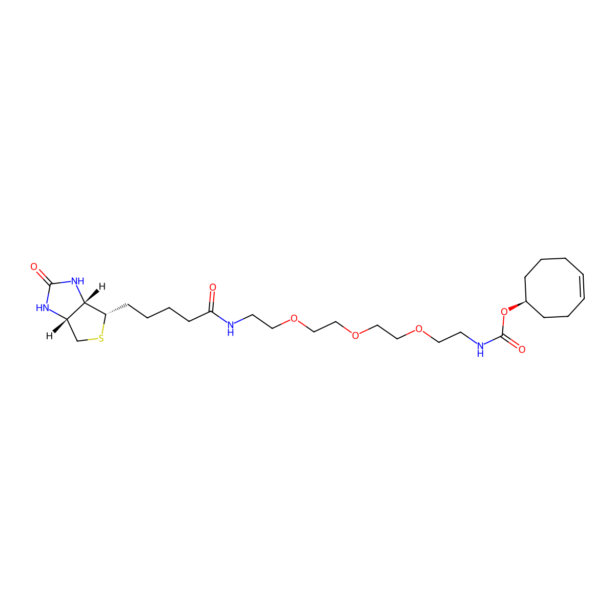(S)-Cyclooct-4-en-1-yl (13-oxo-17-((3aS,4S,6aR)-2-oxohexahydro-1H-thieno[3,4-d]imidazol-4-yl)-3,6,9-trioxa-12-azaheptadecyl)carbamate molecular structure, CAS 2098630-62-5
