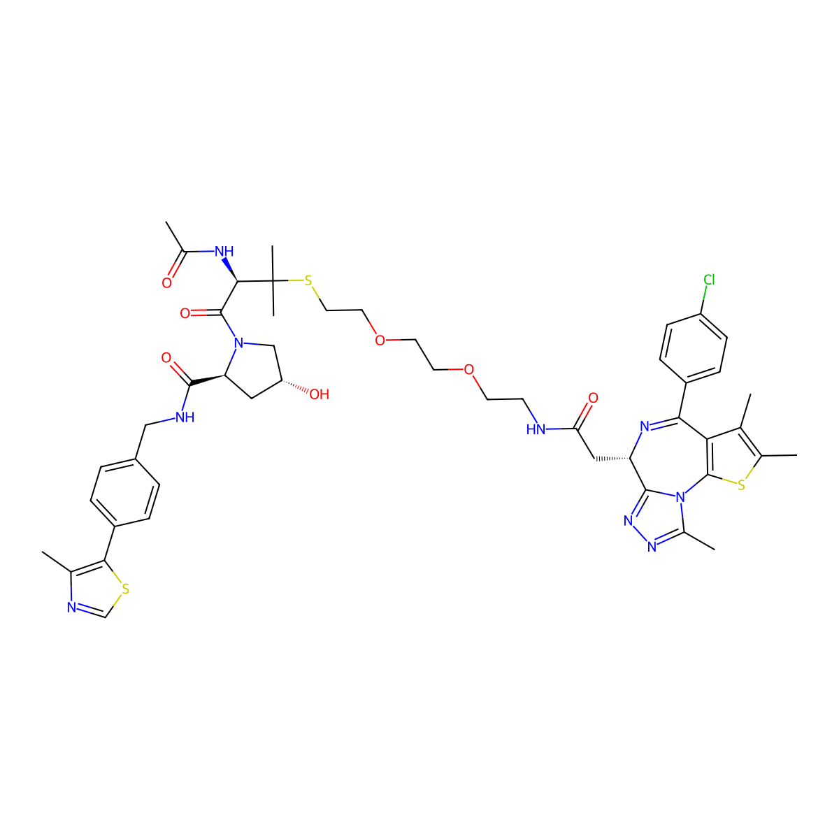 (2S,4R)-1-((R)-14-acetamido-1-((S)-4-(4-chlorophenyl)-2,3,9-trimethyl-6H-thieno[3,2-f][1,2,4]triazolo[4,3-a][1,4]diazepin-6-yl)-13,13-dimethyl-2-oxo-6,9-dioxa-12-thia-3-azapentadecan-15-oyl)-4-hydroxy-N-(4-(4-methylthiazol-5-yl)benzyl)pyrrolidine-2-carboxamide molecular structure, CAS 2098836-50-9
