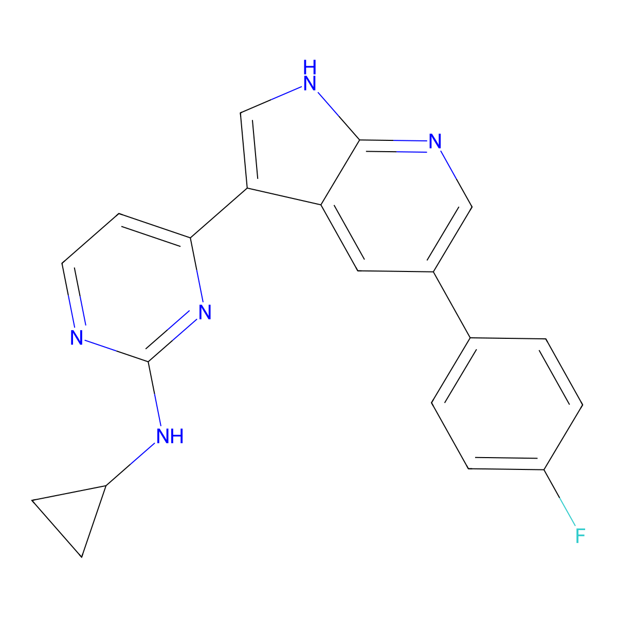 N-cyclopropyl-4-[5-(4-fluorophenyl)-1H-pyrrolo[2,3-b]pyridin-3-yl]pyrimidin-2-amine molecular structure, CAS 2099014-23-8