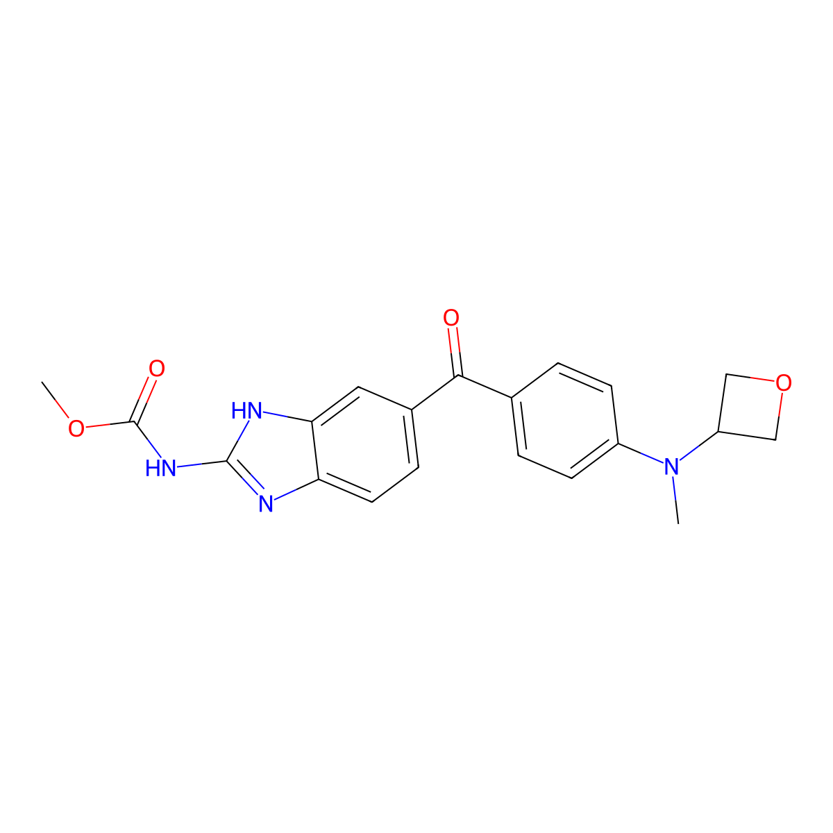 Methyl N-[6-[4-(methyl-3-oxetanylamino)benzoyl]-1H-benzimidazol-2-yl]carbamate molecular structure, CAS 2099064-75-0