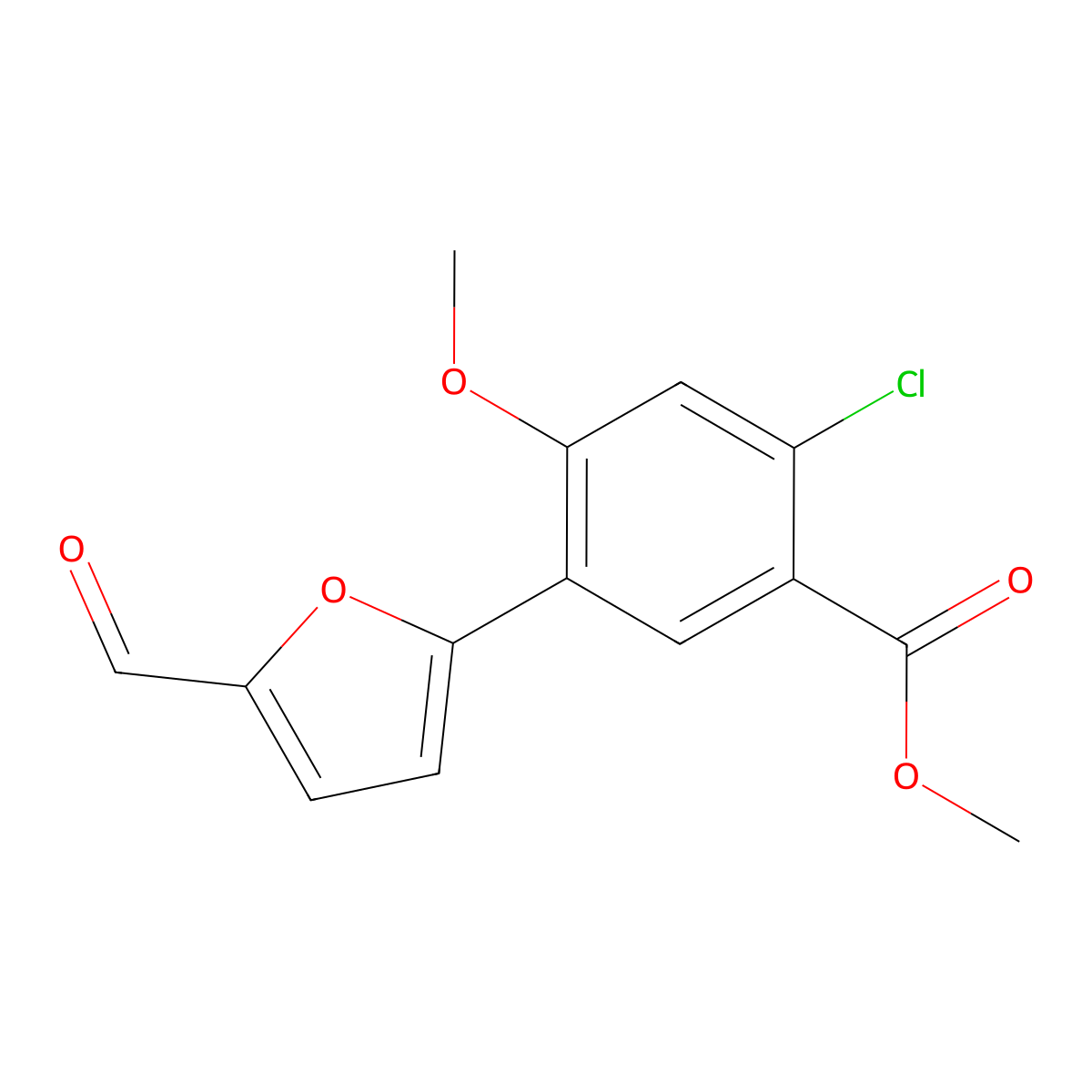 Methyl 2-chloro-5-(5-formylfuran-2-yl)-4-methoxybenzoate molecular structure, CAS 2099143-07-2
