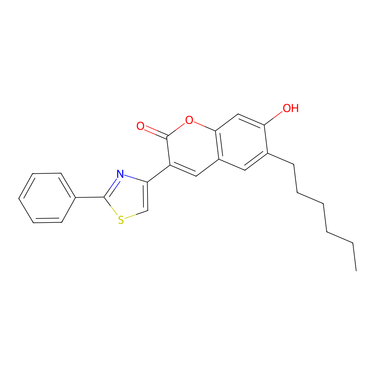 6-Hexyl-7-hydroxy-3-(2-phenyl-thiazol-4-yl)-chromen-2-one molecular structure, CAS 209974-85-6