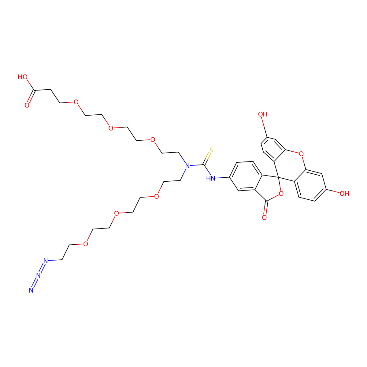 N-(Azido-PEG3)-N-Fluorescein-PEG3-acid molecular structure, CAS 2100306-50-9